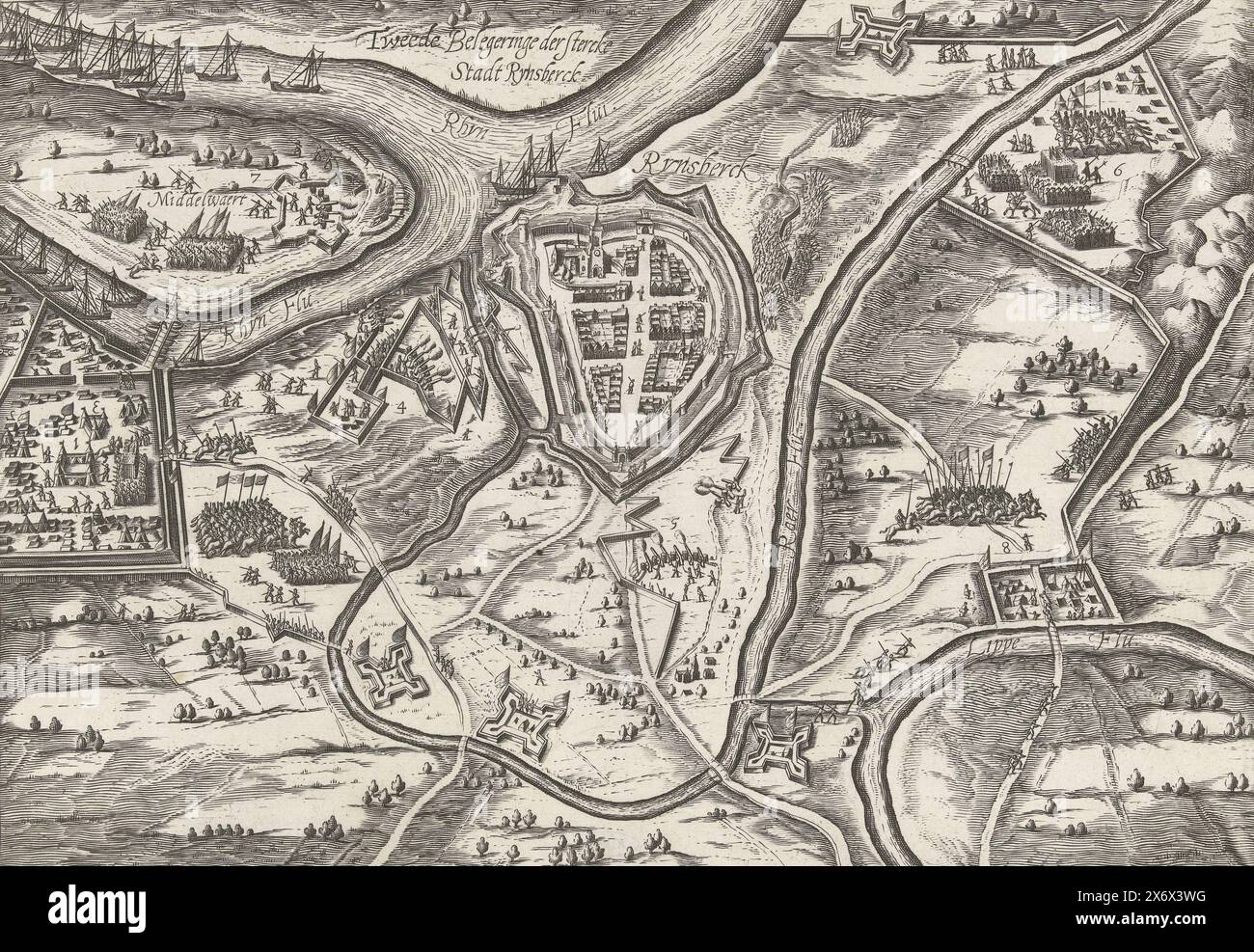 Siège et prise de Rheinberg par Maurits, 1601, second besiege der stercke Stadt Rynsberck (titre sur objet), Rheinberg pendant le siège du 12 juin et la conquête le 31 juillet 1601 par l'armée d'État sous le prince Maurits. Plan de la ville et du pays environnant montrant les défenses et les redoutes. En haut à gauche le Rhin, en dessous du camp militaire du prince., imprimerie, imprimeur : anonyme, pays-Bas, 1601 - 1624, papier, gravure, hauteur, 225 mm × largeur, 322 mm Banque D'Images