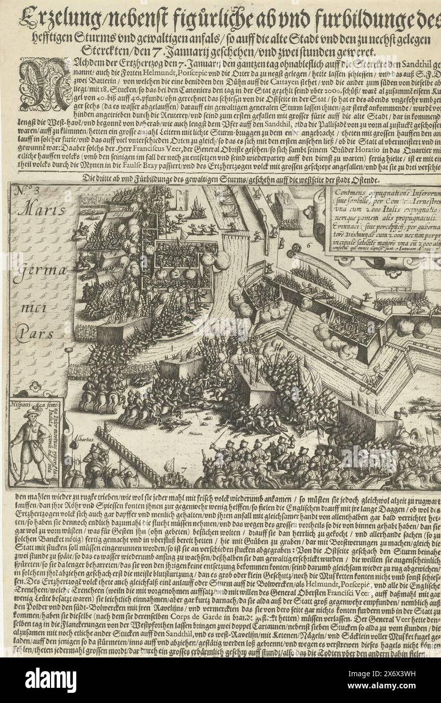Storming of Ostende, 1602, Erzelung, nebenst figurlichr ab et furbildunge des fortes tempêtes et des anfaux lourds, ainsi sur la vieille ville et les étoiles les plus proches, le 7ème. Janvier, et deux geweret stunden (titre sur l'objet), forte prise des défenses d'Ostende par les troupes espagnoles sous Albrecht, le 7 janvier 1602. En bas à gauche un encart avec une photo d'une soldat espagnole impliquée dans les combats, en haut à droite un cartouche avec une inscription en latin. Imprimé sur une feuille avec des textes en allemand, au-dessus et au-dessous de l'image. Numéroté : N° 3., imprimeur, imprimeur : anonyme, imprimeur Banque D'Images