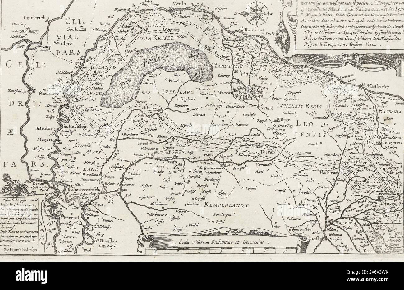 Carte montrant le voyage de Maurits à travers le Brabant, 1602, information vraie avec des points de [le] voyage de son Excellence Mauro van Nassouwen avec l'Armée de l'E. Mogende Heeren Staten Generael der Vereenigde Provintie[n], Anno 1602 par t' Lands van Luyck: ende int rekeeren à travers le Brabant (...) to voor de Graef (titre sur l'objet), carte sur laquelle est tracé le voyage de l'armée d'État sous le Prince Maurits à travers le Brabant, 7 juin - 18 juillet 1602. Avec deux cartouches avec inscriptions et titre en néerlandais. Sous un bâton d'échelle : 7 Scala miliarium Brabantiae et Germaniae., estampe, imprimeur : Floris Banque D'Images