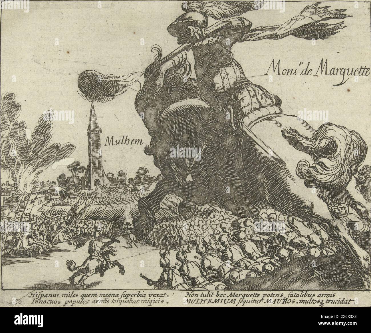 Les Espagnols vaincus par l'armée d'État sous Marquette à Mülheim, en 1608, les Espagnols vaincus par l'armée d'État sous Marquette à Mülheim, en 1608. Au premier plan un cavalier tirant son mousquet. Avec légende de 4 lignes en latin. Numéroté : 280. Imprimé au dos avec texte en latin., impression, imprimeur : Simon Frisius, pays-Bas du Nord, 1613 - 1615, papier, gravure, hauteur, 135 mm × largeur, 161 mm Banque D'Images