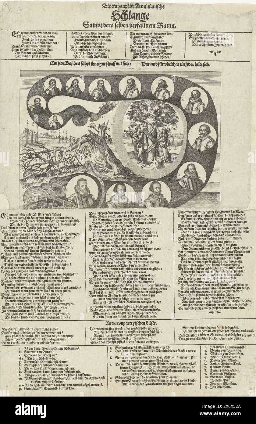 Serpent arminien avec les conspirateurs contre Maurice, 1623, Die enthauptete Arminianische Schlange Sampt dero selben verfallnem Baum (titre sur objet), le serpent arminien avec les portraits de Johan van Oldenbarnevelt et les conspirateurs contre Maurice arrêtés en 1623. Au milieu, l'arbre arminien brisé et l'oranger fleuri protégé par les personnifications de la religion et de la justice et la lumière rayonnante de Dieu. Une tige dans la queue du serpent. Ci-dessus et ci-dessous les textes de performance et les légendes Ax et 1-13 en allemand., impression, imprimeur : anonyme, après impression par : anonyme Banque D'Images