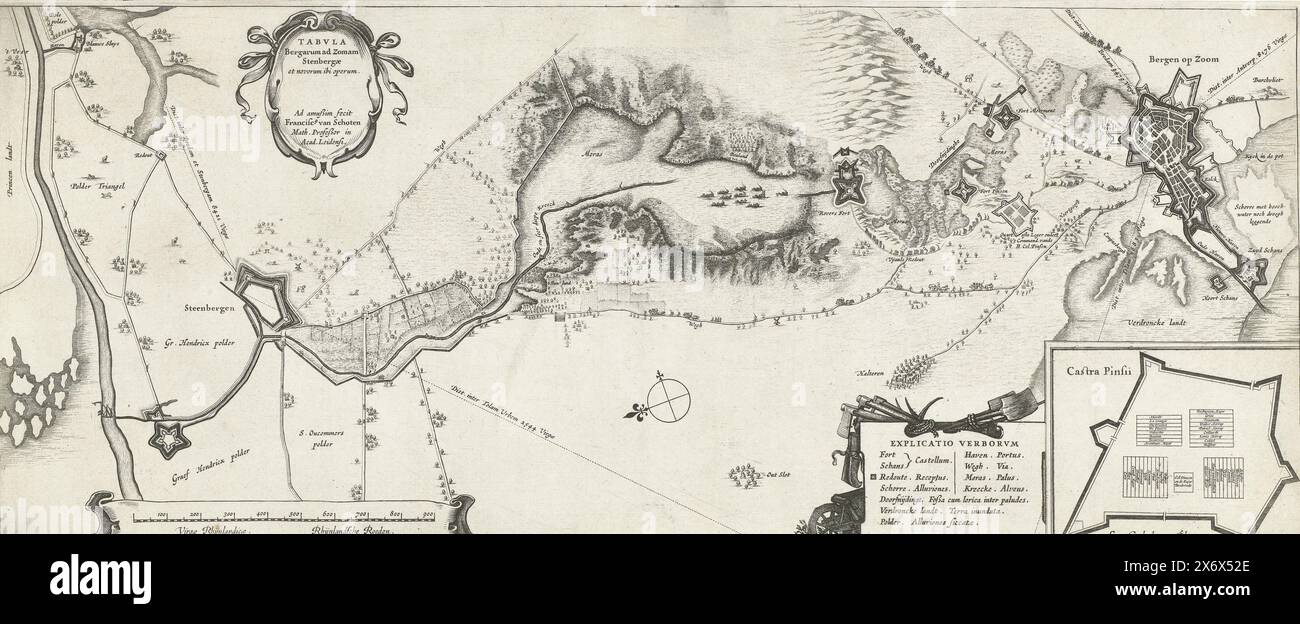 Carte du siège de Bergen op Zoom, 1622, Tabula Bergarum ad Zomam Stenbergae et novorum ibi operum (titre sur l'objet), carte du siège manqué de Bergen op Zoom par l'armée espagnole sous Spinola et Velasco, 18 juillet - 3 octobre 1622 . Carte de Bergen op Zoom avec la zone jusqu'à Steenbergen. Avec trois cartouches avec le titre latin, une explication des mots néerlandais-latins et la carte de Fort Pinsen (Castra Pinsii)., estampe, imprimeur : Franciscus van Schooten (I), (mentionné sur l'objet), éditeur : Willem Janszoon Blaeu, (mentionné sur l'objet), imprimeur : pays-Bas du Nord, éditeur : Amsterdam Banque D'Images