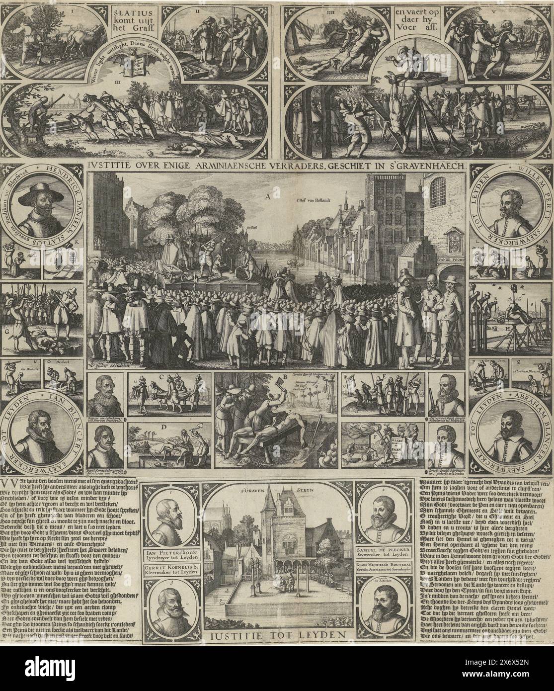 Exécution des conspirateurs contre Maurits, 1623, Justition sur quelques traîtres arminiens, fusillé à s'Gravenhaech (titre sur objet), grand feuillet avec diverses représentations de l'exécution des conspirateurs contre Maurits, 27 février, 29 mars et 5 mai 1623. L'accent est mis sur les exécutions au Hofvijver à la Haye. De chaque côté des portraits des condamnés avec leurs exécutions. En haut des représentations de la découverte et de l'accrochage du corps de Slatius, numéroté I-VI. En bas, la décapitation des Arminiens au Gravensteen de Leyde le 21 juin 1623, avec quatre portraits Banque D'Images