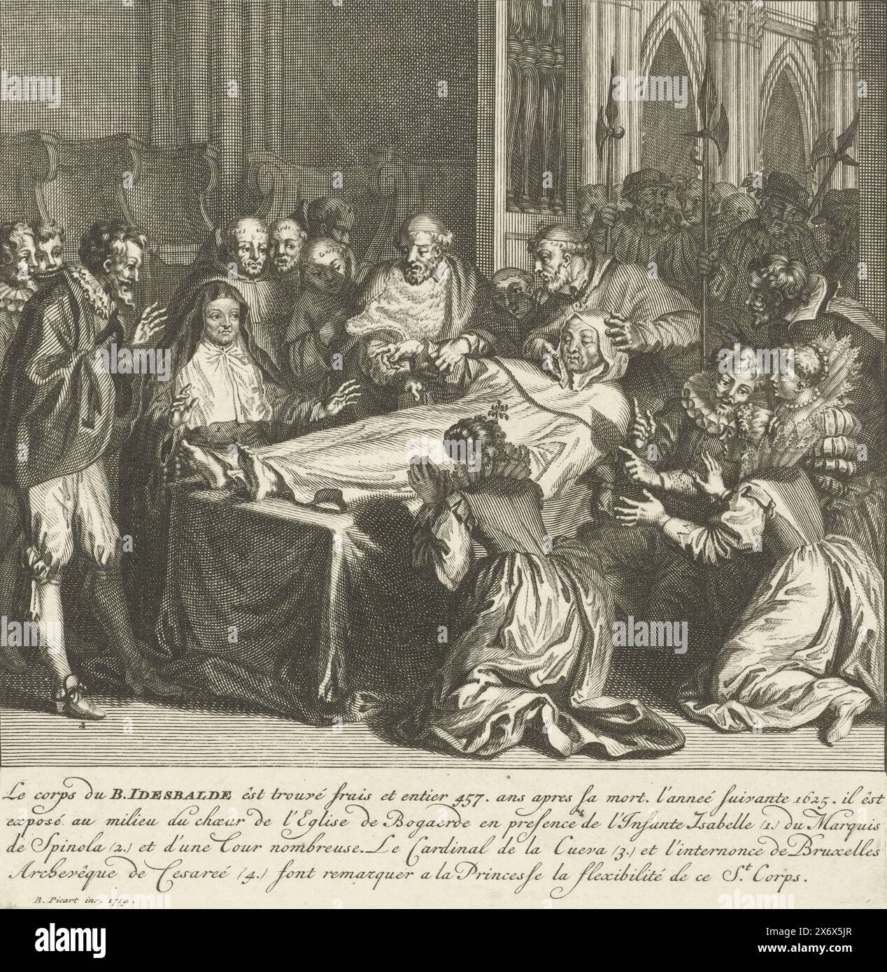 Le corps non digéré de Saint Idesbald, 1625, le corps miraculeusement non digéré du béatifié Idesbald van ter Duinen, enterré en 1167 et retrouvé en 1625 (ou 13 novembre 1623) dans l'abbaye de notre-Dame Ten Duinen à Koksijde et exposé dans la ferme abbatiale Ten Bogaerde. Un groupe de spectateurs est rassemblé autour du corps sur un lit majestueux, dont Isabella Clara Eugenia et Spinola. Avec légende de 4 lignes en français., impression, imprimeur : Bernard Picart, après sa propre conception par : Bernard Picart, (mentionné sur l'objet), Nord des pays-Bas, 1714, papier, gravure, hauteur, 170 mm × largeur, 170 mm Banque D'Images