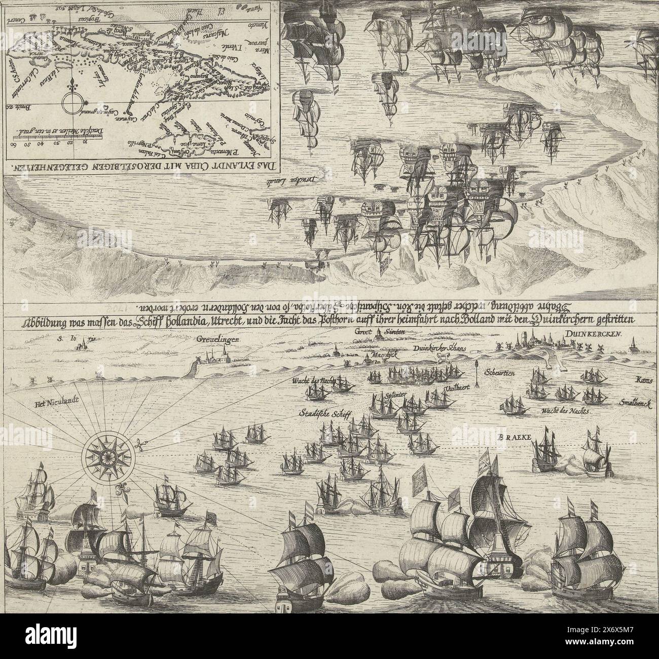 Piet Hein dans la bataille avec le Dunkerque, 1628, Abbildung était massen das Schiff Hollandia, Utrecht, und die Jacht das Posthorn auff ihrer heimfahrt nach Holland mit den Duinkirchern gestRITen (titre sur objet), Wahre abbildung, welcher gestalt die kon. Hispanische Silberflotha, SO von den Holländern erobert BE (titre sur objet), feuille avec deux images. Parmi les batailles entre les navires de la flotte d'État sous Piet Hein, y compris le Hollandia, l'Utrecht et le Posthoorn, et les pirates de Dunkerque, 1628. Sur la même assiette dans l'autre sens en haut (à couper lâche) la conquête des Espagnols Banque D'Images