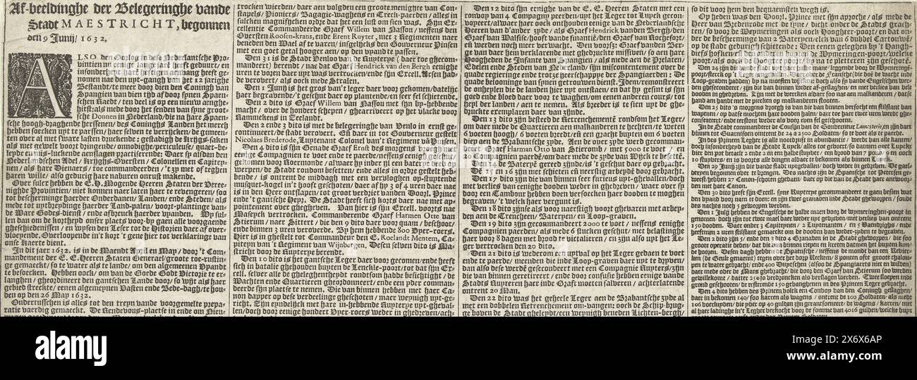 Feuille de texte accompagnant une carte de Maastricht assiégée par Frederik Hendrik, 1632, image de la ville de Maestricht Belegeringhe vande, commencée le 9 juin 1632 (titre sur l'objet), feuille de texte appartenant à une carte - inconnue - du siège de Maastricht par l'armée d'État sous le commandement du stadtholder Frederik Hendrik, du 9 juin au 21 août 1632. Texte en 4 colonnes en néerlandais., feuille de texte, éditeur : Claes Jansz. Visscher (II), Amsterdam, 1632, papier, typographie, hauteur, 202 mm × largeur, 420 mm Banque D'Images