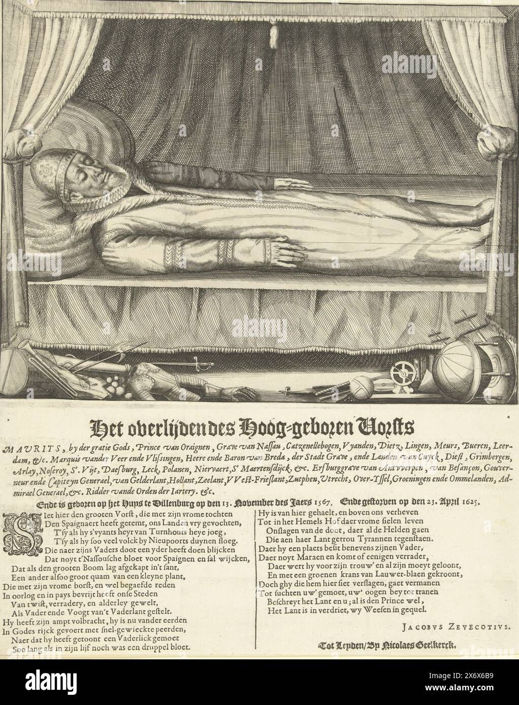 Lit décoratif de Maurits, Prince d'Orange, 1625, décès du Haut-né Prince Maurits (...) (titre sur objet), lit décoratif de Maurits, décédé à la Haye le 23 avril 1625. Le prince dans un tabard allongé s'étendait sur son lit majestueux. Au premier plan, à gauche, se trouvent des attributs militaires et à droite, des instruments scientifiques. En dessous de la représentation, le titre avec tous les titres du prince en six lignes est imprimé sur la page. Ci-dessous un verset en deux colonnes., estampe, imprimeur : Nicolaes van Geelkercken, (attribué à), imprimeur : Crispijn van de passe (I), ( Banque D'Images