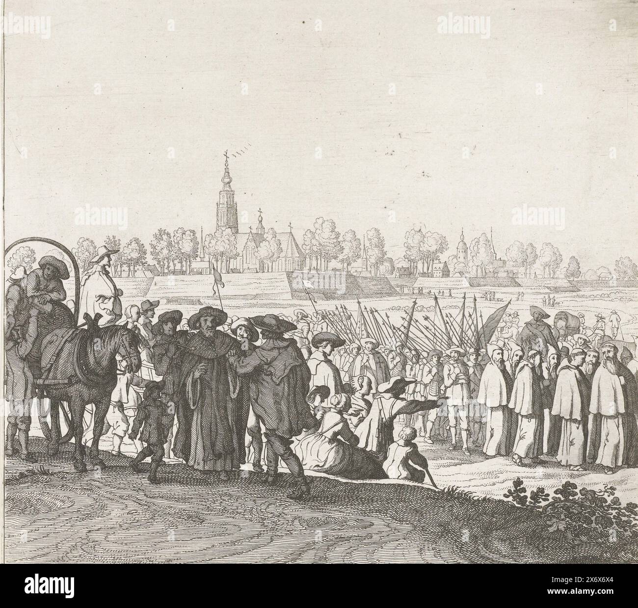 Exode de la garnison espagnole de Breda (planche 1), 1637, exode de la garnison espagnole de Breda après la conquête par l'armée néerlandaise de Frederik Hendrik, le 10 octobre 1637. Première feuille d'un ensemble non assemblé de quatre feuilles (dont seulement trois présentes). La procession passe devant les spectateurs, avec le profil de la ville en arrière-plan. Dans la procession des moines et des soldats., imprimeur, imprimeur : anonyme, imprimeur : Pieter Nolpe, (éventuellement), pays-Bas du Nord, 1637, papier, gravure, hauteur, 227 mm × largeur, 232 mm Banque D'Images