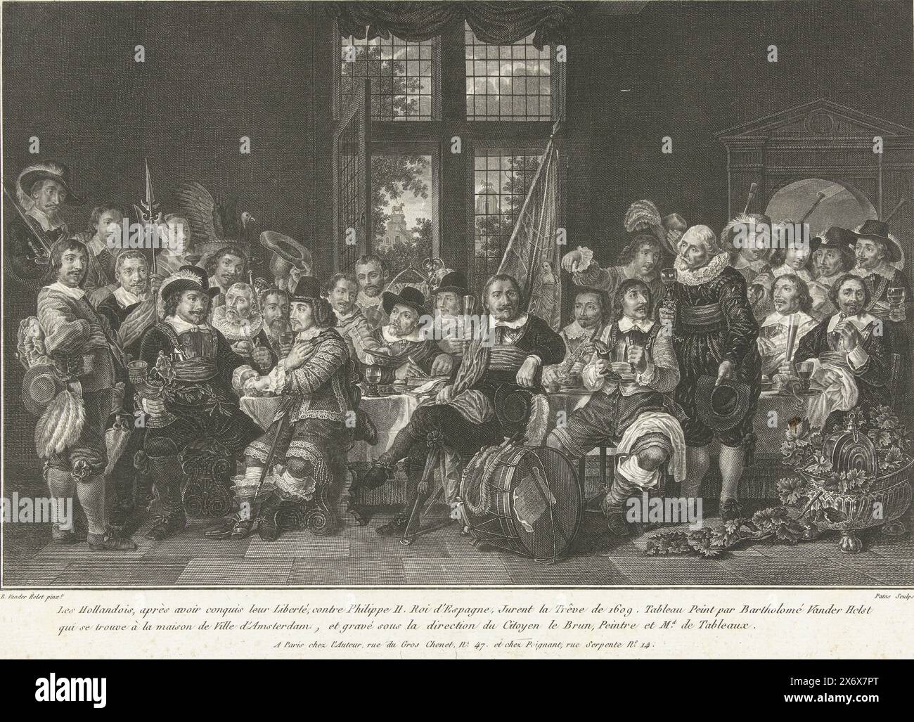 Le repas de la milice au Voetboogdoelen ou encore Jorisdoelen à Amsterdam pour célébrer la conclusion de la paix de Munster, 18 juin 1648, les Hollandois, après avoir conquis leur liberté, contre Philippe Ii. Roi d'Espagne, jurent la Trêve de 1609. Tableau peint de Bartholomé Vander Helst qui se trouve à la maison de ville d'Amsterdam, et gravé sous la direction du citoyen le Brun, peintre et Md. de tableaux (titre sur objet), le repas de la milice dans le Voetboogdoelen ou encore le Jorisdoelen à Amsterdam pour célébrer la conclusion de la paix de Munster, le 18 juin 1648. Sont présentés Banque D'Images