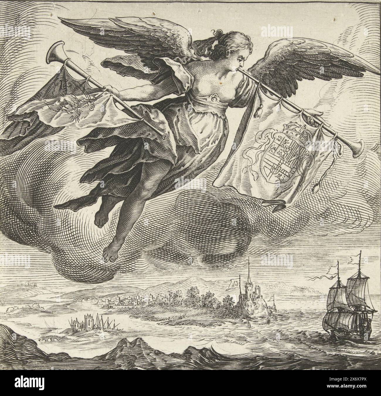 Imprimer pour la page de titre des six représentations montrées au théâtre (...) étaient le 23 juin 1648., les six représentations montrées au théâtre (...) étaient le 23 juin 1648 (titre de la série sur objet), imprimer pour la page de titre pour la publication de six estampes avec représentations des représentations des représentations organisées au Schouwburg à Amsterdam le 23 juin 1648 à l'occasion de la conclusion de la paix de Munster. Renommée au-dessus d'un paysage côtier avec des trompettes portant les armes de l'Espagne et de la République., estampe, imprimeur : Salomon Savery, après dessin par : Isaac Isaacsz, pays-Bas du Nord, 1649 Banque D'Images