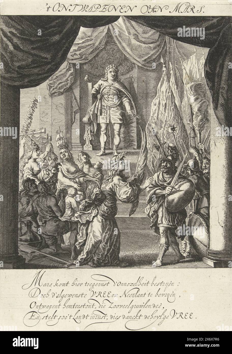 Exposition du désarmement de mars, 1648, le désarmement de mars (titre sur objet), allégories sur la paix de Munster (titre de la série), les six représentations présentées au théâtre (...) ont été le 23 juin 1648 (titre de la série sur objet), exposition du désarmement de mars. Une partie des représentations jouées le 23 juin 1648 au Schouwburg à Amsterdam à l'occasion de la conclusion de la paix de Munster. La troisième scène montre comment mars est désarmé par la paix. En arrière-plan un monarque hollandais montres. Dans la légende un verset de 4 lignes en néerlandais., impression, imprimeur : Salomon Savery, après le dessin Banque D'Images