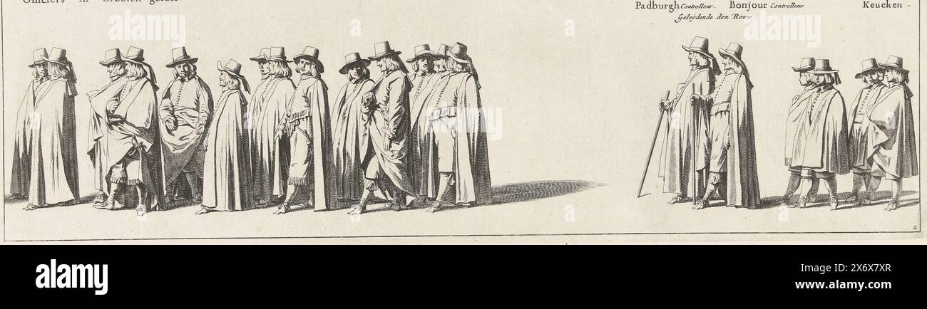 Le cortège funéraire de Frederik Hendrik (planche no. 2), 1647, le cortège funéraire du stadier Frederik Hendrik à la Haye en 1647 (titre de la série), l'enterrement de Syne Hoogheyt Frederick Henrick, par der Gratien Gods Prince d'Orange, tombe de Nassau &c (titre de la série sur objet), le cortège funéraire du stadier Frederik Hendrik à la Haye le 10 mai, 1647. Plaque n° 2 avec une partie de la procession, au-dessus des personnes leurs positions sont indiquées. Partie d'une série de 30 planches et 20 feuilles de texte, destinées à être collées ensemble., imprimeur, imprimeur : Pieter Nolpe, après dessin par : Pieter Banque D'Images