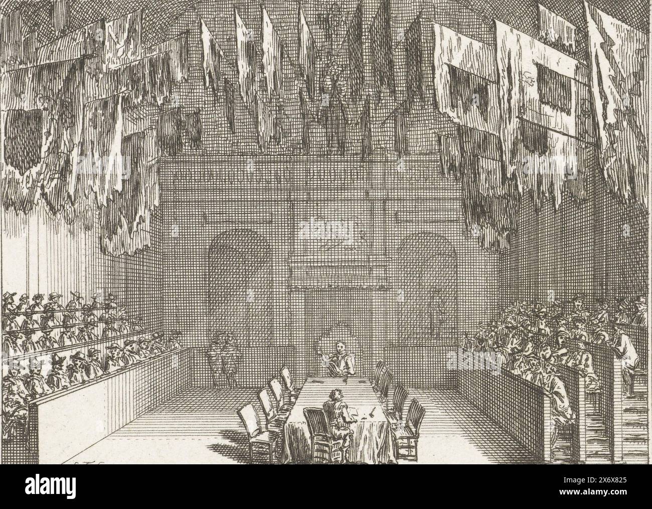 La première Grande Assemblée, 1651, la première Grande Assemblée des États généraux, tenue à Ridderzaal du 18 au 21 janvier 1651. Réunion convoquée après la mort du prince Willem II le 6 novembre 1650., imprimeur, imprimeur : Simon Fokke, (mentionné sur l'objet), Nord des pays-Bas, 1782 - 1784, papier, gravure, hauteur, 85 mm × largeur, 108 mm Banque D'Images