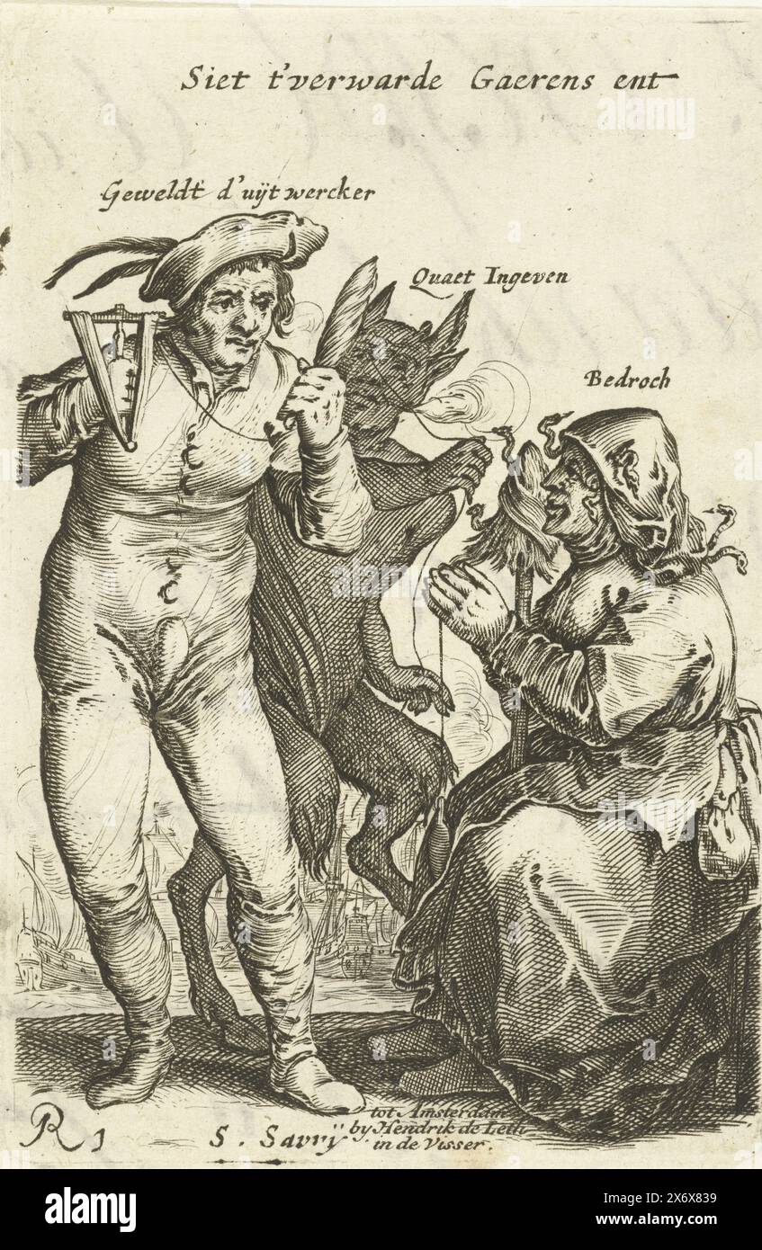 Le diable confond le fil, 1652, Siet t' confus Gaerens ent (titre sur objet), les personnes malheureuses par la première guerre anglaise, le diable confond le fil, 1652. Une femme assise tourne le fil qui est filé à partir d'une bobine par un homme une bobine est enroulée, derrière lui se tient le diable qui tire le fil et l'emmêle et inspire le mal dans l'homme. La femme avec des serpents dans les cheveux est appelée ici tromperie. Écriture manuscrite au dos. Partie d'une série de copies d'après des estampes de mendiants et de paysans qui comprend également plusieurs personnages malheureux de la première Guerre anglaise, vers 1652-1654., impression, impression Banque D'Images