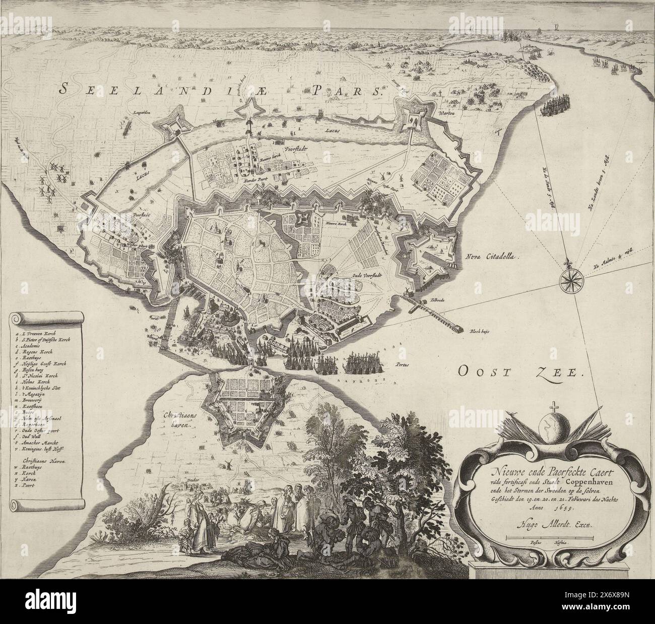 Relief de Copenhague, 1659, Nouveau et Paerfeckte Caert de la fortification et le Staedt Coppenhaven et la prise du Sweeden sur les moi se sont produits les 19 et 20 et 21 février dans la nuit Anno 1659 (titre sur l'objet), carte de Copenhague avec la flotte néerlandaise brisant le siège de la ville par les Suédois, 19-21 février 1659. Au premier plan, des soldats jouent aux cartes sous un arbre et des femmes avec des enfants. Sur la gauche la légende a-z. L'impression comprend deux pages de texte., impression, imprimeur : Salomon Savery, (attribué à), après impression par : anonyme, après impression par : Jacques Banque D'Images