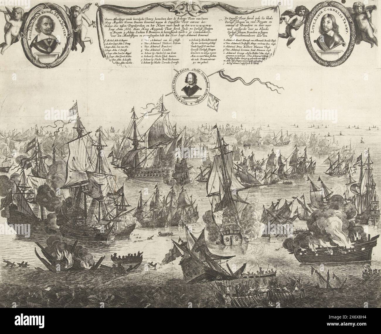 The four Days' Battle, 1666, Waerre image de l'armée victoire livrée par la flotte navale de son Haut : Mighty Lords General contre la flotte anglaise autour de la demi-mer entre Duynkercken et l'avant-pays du Nord sur le 10 : 11 : 12 : 13 : 14 : et 15: Juny Anno 1666 (titre sur objet), la bataille de quatre jours entre la flotte néerlandaise sous les ordres de l'amiral Michiel de Ruyter et la flotte anglaise sous les ordres de l'amiral George Monck, 11-14 juin 1666. En haut sur une plaque séparée, les portraits de de Ruyter et Tromp avec le portrait d'Ayscue légèrement plus bas. Entre les deux sur une toile la légende a-z., print, print Maker Banque D'Images