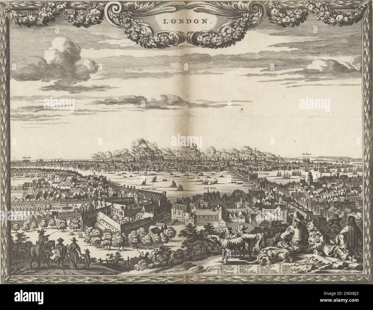 Vue de Londres pendant le grand incendie, 1666, vue de Londres pendant le grand incendie, 12-15 septembre 1666. Profil de la ville en feu vu d'une colline sur le côté sud de la Tamise, au premier plan des gens couchés et assis avec des chiens . Voici la légende 1-20., print, imprimeur : Pieter Hendricksz. Schut, (mentionné sur l'objet), éditeur : Nicolaes Visscher (I), (mentionné sur l'objet), imprimeur : Northern Netherlands, éditeur : Amsterdam, 1666, papier, gravure, hauteur, 215 mm × largeur, 281 mm Banque D'Images