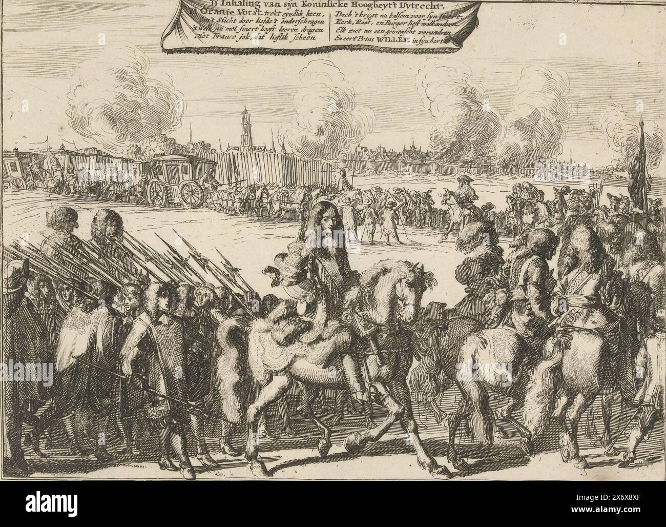 Arrivée du prince Willem III à Utrecht en avril 1674, D'Overhaling van his Koninlicke Hoogheyt 't Uytrecht (titre sur objet), série de cinq estampes sur les événements qui se sont produits à Utrecht au cours de la période 1672-74 (réédition par Schoonebeek) (titre de la série), Uytrecht changements survenus dans les années 1672, 73 et 74 (titre de la série sur objet), l'arrivée du prince Willem III à Utrecht en avril 1674. Le prince est centralement à cheval parmi les cavaliers et les fantassins. En arrière-plan la ville d'Utrecht. En haut une toile avec le titre et deux versets de quatre lignes en néerlandais. Cinquième (non numéroté Banque D'Images