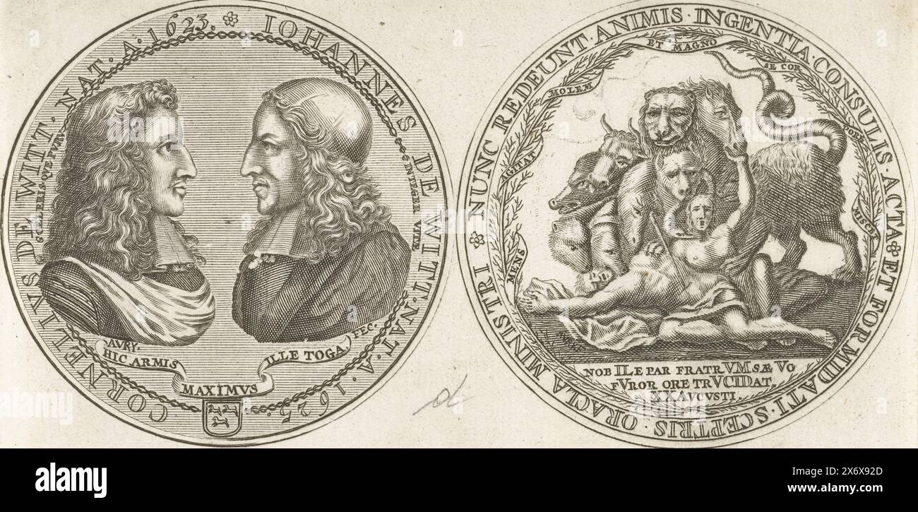 Médaille à la mort des frères de Witt, 1672, avers et revers d'une médaille avec les portraits des frères Johan et Cornelis de Witt, et une représentation allégorique de la mort des frères Johan et Cornelis de Witt, assassinés le 20 août 1672, dans laquelle les frères sont attaqués par une bête aux nombreuses têtes, symbole des personnes qui ont mutilé les corps., imprimerie, imprimerie : anonyme, pays-Bas du Nord, 1672 - 1699, papier, gravure, hauteur, 72 mm × largeur, 143 mm Banque D'Images