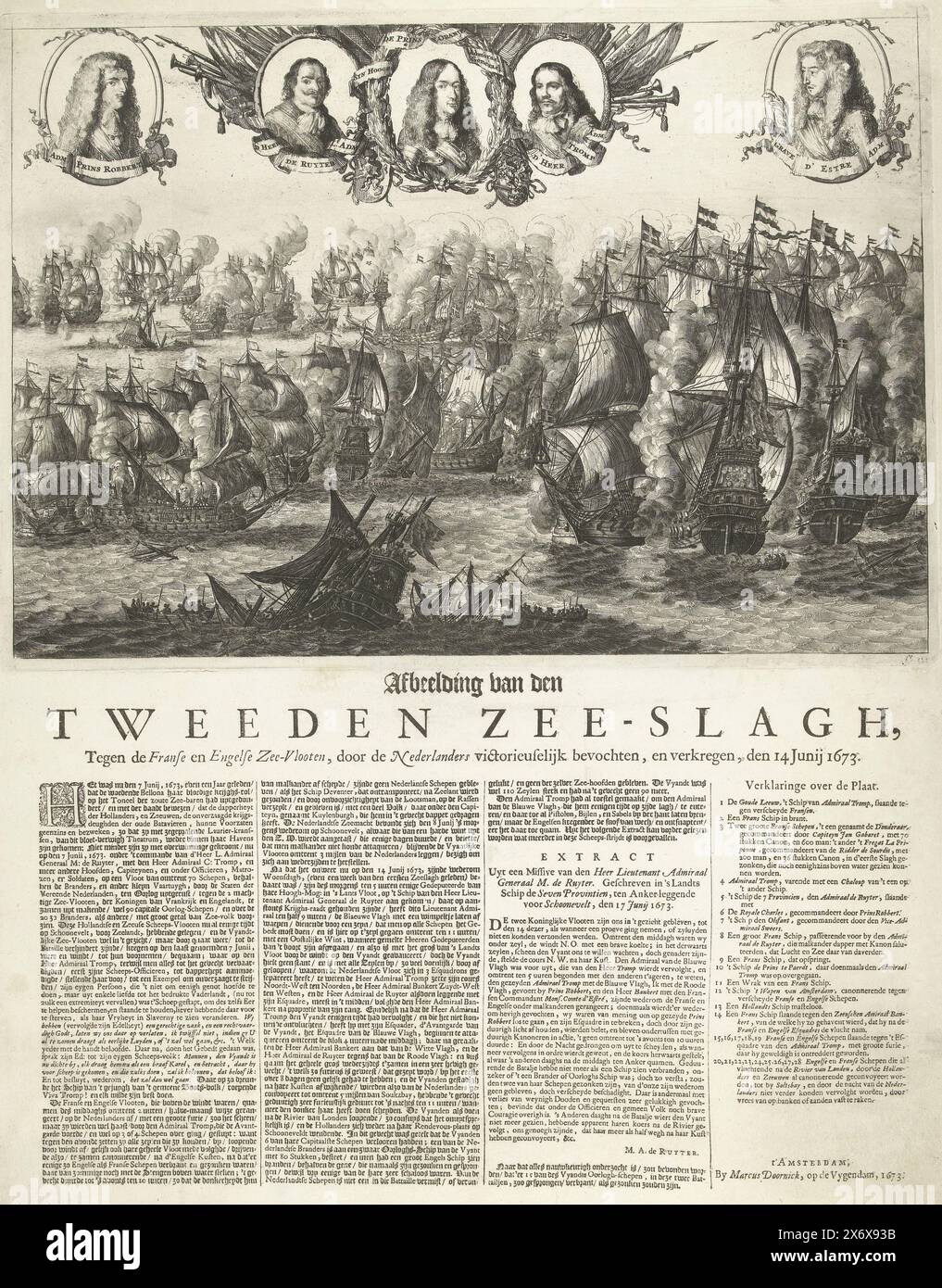 Bataille maritime de Schoonevelt, 14 juin 1673, image de la seconde bataille maritime, contre les flottes françaises et anglaises, victorieusement combattue et gagnée par les Hollandais, 14 juin 1673 (titre sur objet), bataille maritime de Schoonevelt le 14 juin 1673 entre la flotte de la République commandée par Michiel de Ruyter et Cornelis Tromp et la flotte franco-anglaise commandée par le prince Rupert et le comte Jean d'Estrées. En haut, les portraits du prince Rupert, de Michiel de Ruyter, du prince Willem III et de Cornelis Tromp et du comte d'Estrées. Imprimé sur la feuille en dessous de la plaque est un texte en 4 colonnes, avec un extrait Banque D'Images