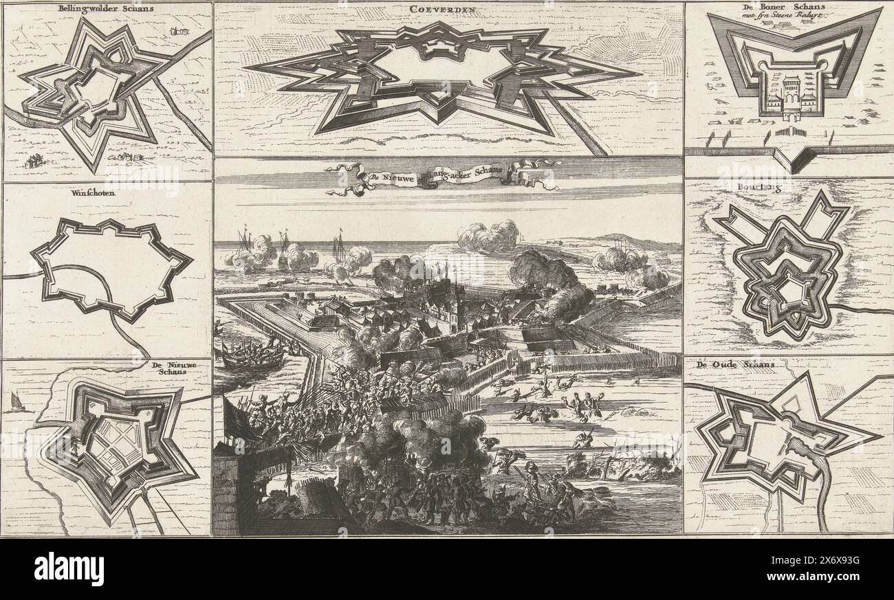 Conquête des Nieuweschans 1673, de Nieuwe ou Lang-acker Schans (titre sur objet), conquête des Nieuweschans par les troupes néerlandaises sous Rabenhaupt de l'armée épiscopale dans la nuit du 21 au 22 juillet 1673. Scène centrale avec combats autour du fort entouré de 7 cartes d'autres forteresses et redoutes., print, print Maker : anonyme, pays-Bas du Nord, 1673 - 1675, papier, gravure, hauteur, 180 mm × largeur, 297 mm Banque D'Images