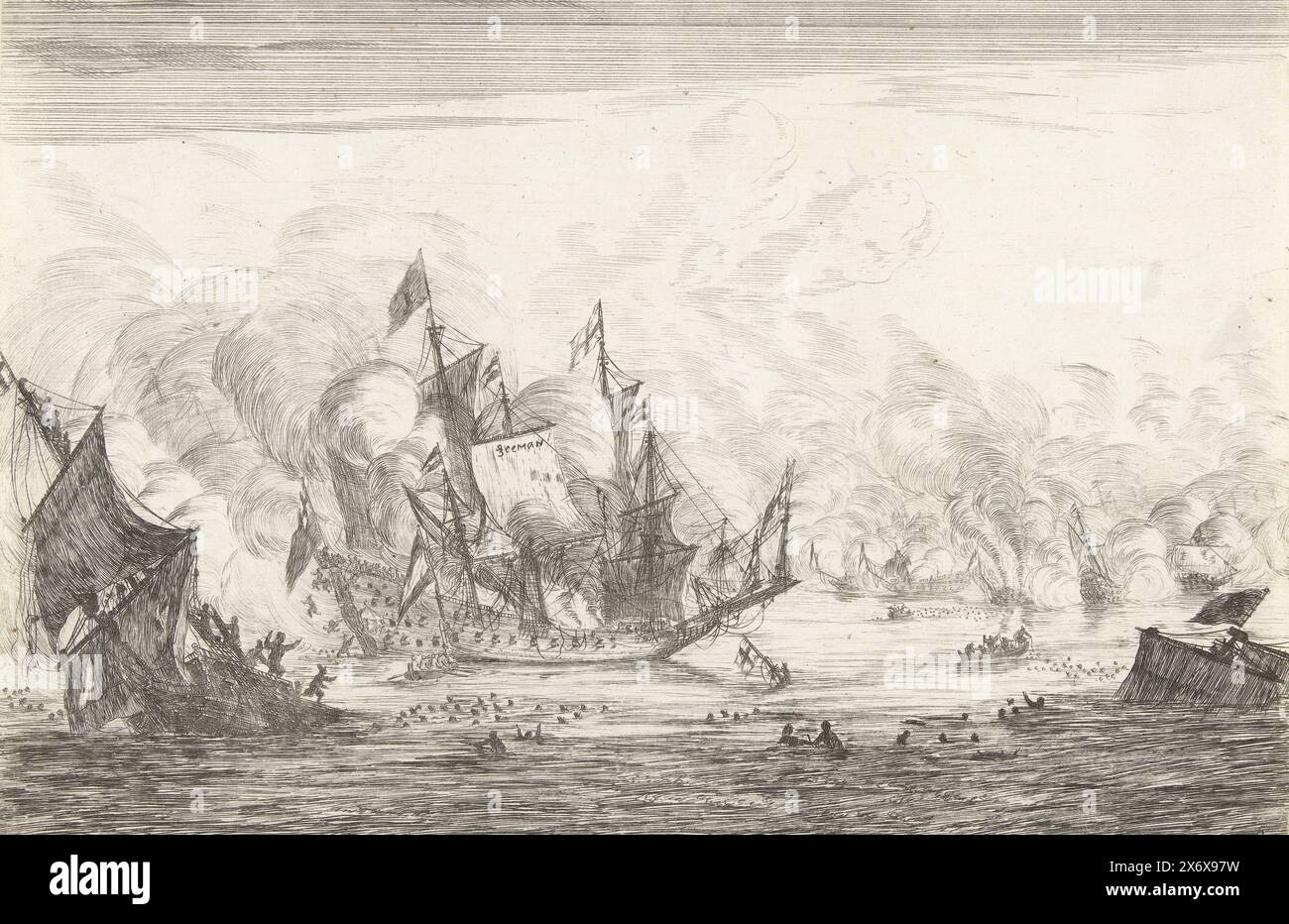 Une bataille maritime avec un navire anglais coulant, vers 1652-1654, Nieuwe Scheeps Batalien, nouvelles inventions de combats Navaeles (titre de la série), des navires anglais et néerlandais lors d'une bataille maritime. Sur la gauche un navire anglais coulant et de nombreux passagers dans l'eau. N° impr. 5 dans une série de sept planches numérotées de batailles navales, dont certaines peuvent être liées à la première guerre anglaise de 1652-1654., impression, imprimeur : Reinier Nooms, (mentionné sur l'objet), pays-Bas du Nord, 1652 - 1654, papier, gravure, point sec, hauteur, 169 mm × largeur, 256 mm Banque D'Images