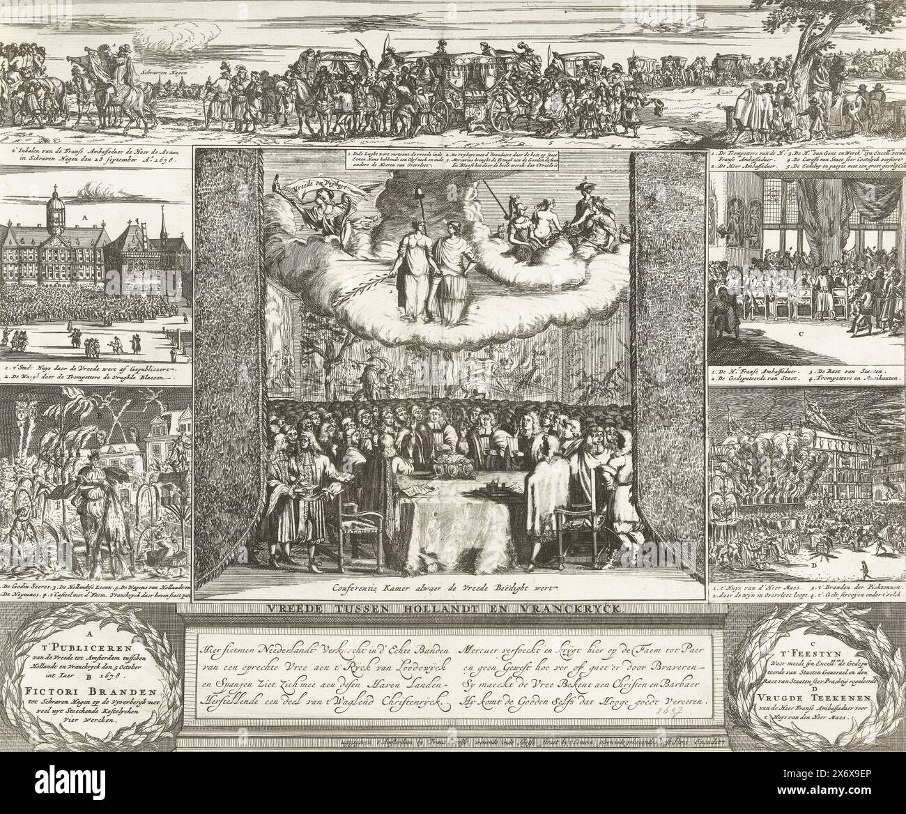 La paix de Nimègue, 1678, la paix entre Hollandt et Vranckryck (titre sur objet), la paix de Nimègue. Centralement la prestation du serment lors du traité de paix entre la République et la France le 10 août 1678. Représentation centrale des délégués réunis autour d’une table dans une salle, dieux et figures allégoriques de paix et de liberté dans les nuages. Autour de cela se trouvent de plus petites représentations de l'arrivée des ambassadeurs de France à la Haye le 28 septembre 1678 et de l'annonce et de la célébration de la paix dans diverses villes. En bas un cartouche avec 2 versets de 4 lignes., imprimer Banque D'Images