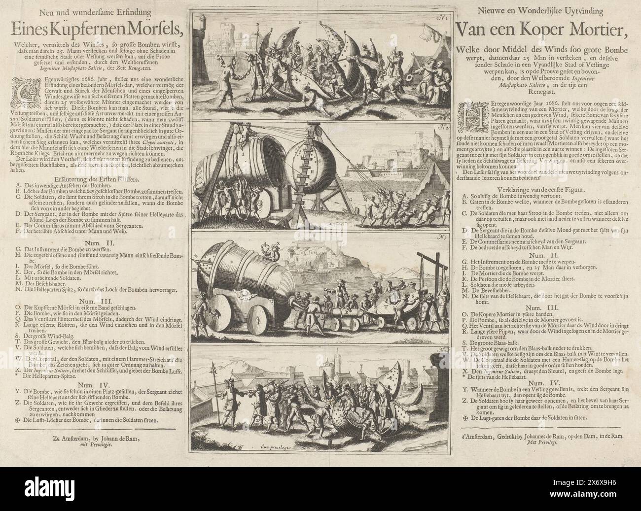 Invention miraculeuse d'un mortier avec lequel les soldats peuvent être abattus dans l'air dans une sphère, 1686, Neu und wundersame Erfindung eines Küpfernen Mörsels (...), invention nouvelle et miraculeuse d'un mortier de cuivre, qui lance une bombe aussi grande au moyen du vent, que 25 hommes puissent y être cachés et jetés dans une ville ennemie ou une forteresse sans dommage (...) (titre sur objet), invention miraculeuse de 1686 par l'ingénieur Mustaphato Salicio d'un mortier de cuivre avec lequel 25 soldats pourraient être placés dans un fermé peut être tiré dans les airs à l'intérieur des murs ennemis. Plaque avec quatre numérotés Banque D'Images