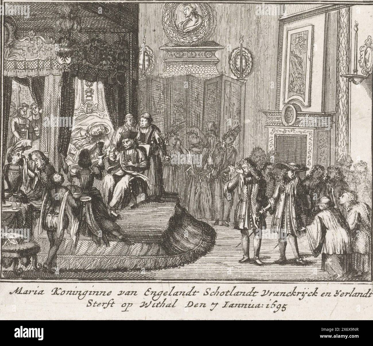 Décès de la reine Maria II Stuart, 1695, Maria Queen of England, Scotland, Vranckryck and Yerlandt dies op withal Den 7 Jannua : 1695 (titre sur objet), chronique de la Maison Stuart (titre de la série), Cornyck de Stuarts Nootlot synde All de main Disasters et Gelucken die t' depuis son début tot Desen tyt die Stamme Overgekome syn (titre de la série sur objet), lit de mort de la reine Maria II Stuart, décédée le 7 janvier 1695 au palais de Whitehall. Partie d'une série sur les fortunes de la maison royale anglaise Stuart de 1558 à 1711, dont seize gravures sur la bataille entre Jacques II et Guillaume Banque D'Images