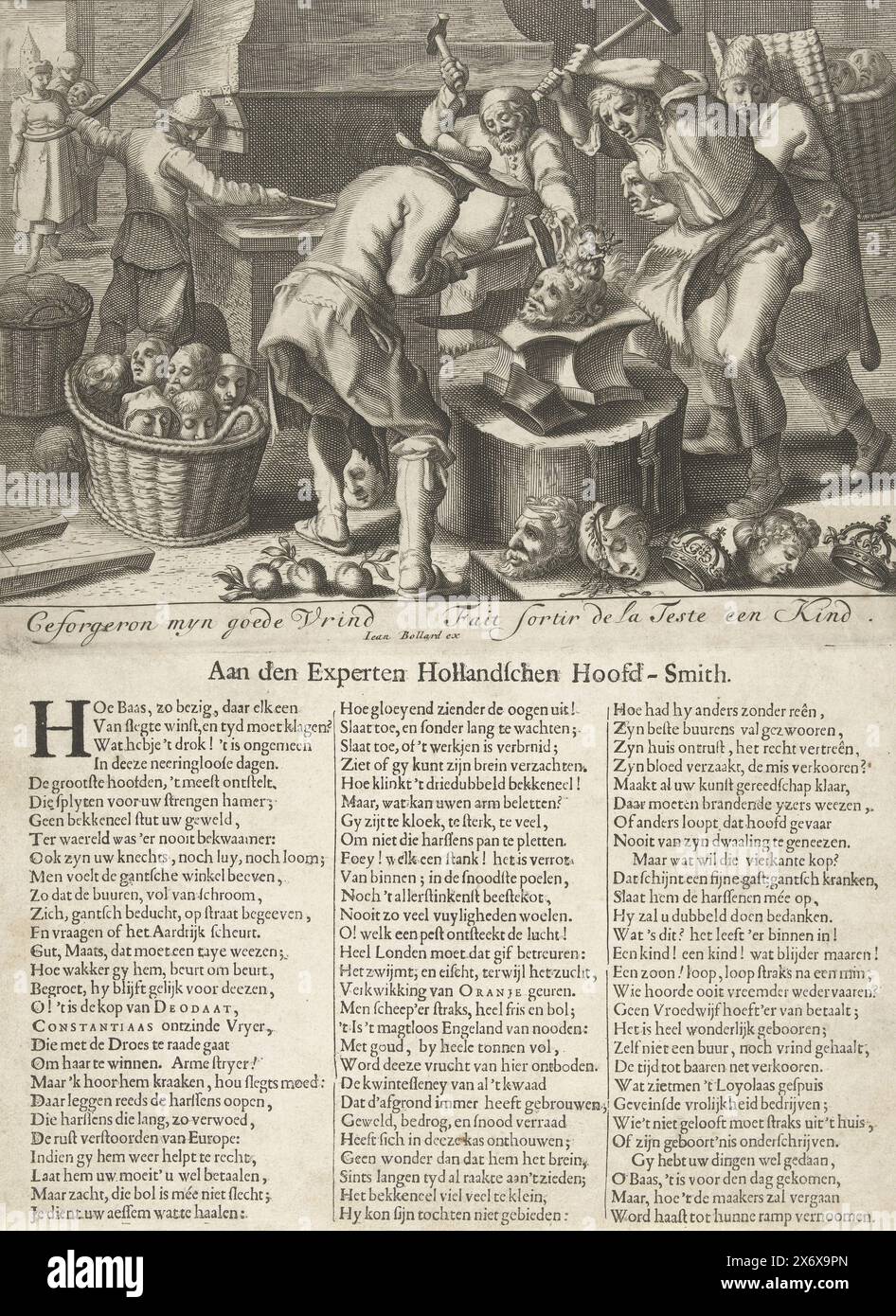 Forging heads, 1689, ce forgeron My Good Friend, fait sortir de la teste een kind (titre sur objet), aan den Experten Hollandschen Hoofd-Smith (titre sur objet), Forging heads, 1689. Caricature sur le père Peters et les catholiques en Angleterre. Dans une forge, la tête du père Peters est travaillée avec des marteaux de forge par trois forgerons de sorte que l'enfant du meunier (le prince de Galles) émerge de la tête. Sur le sol à gauche se trouvent trois pommes orange aux pieds du smith avant (probablement Prince Guillaume III), sur la droite les têtes des rois Jacques II et Louis XIV Un texte en 3 colonnes est imprimé sur le Banque D'Images