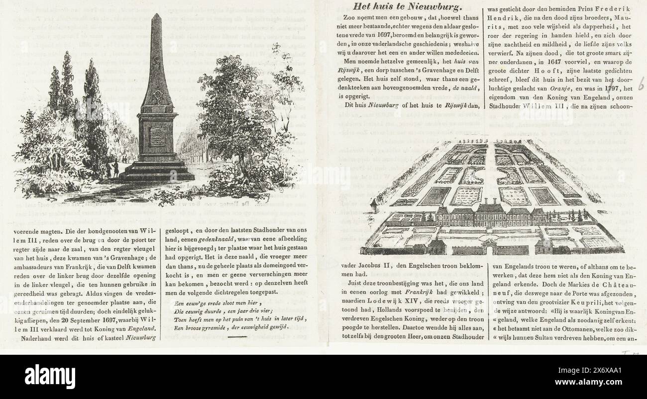 Aiguille commémorative pour la paix de Rijswijk avec vue sur le huis ter Nieuburch 1697, colonne erigée en mémoire de la paix signée à Rijswijk le 20 septembre 1697 (titre sur objet), aiguille commémorative dans la forêt de Rijswijk érigée en 1792 sur le site où la Maison était ter Nieuburch, où la paix de Rijswijk a été conclue le 20 septembre 1697 entre la France et les Alliés. Avec une vue plongeante sur le palais. Partie d'une feuille tirée d'un magazine., imprimé, imprimeur : anonyme, pays-Bas, 1800 - 1899, papier, hauteur, 171 mm × largeur, 333 mm Banque D'Images