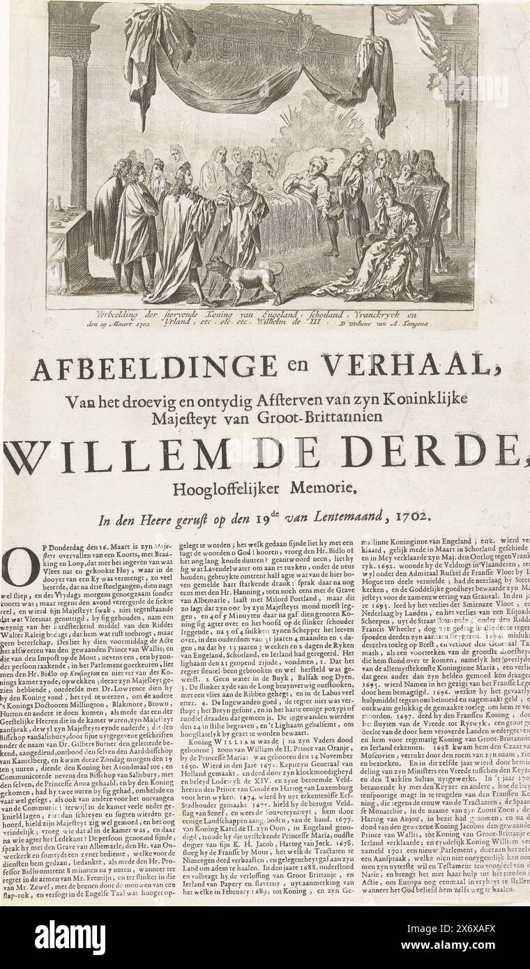 La chute fatale de Guillaume III au cours d'une partie de chasse, 1702, images et histoire, de la mort triste et prématurée de sa Majesté royale de Grande-Bretagne et Guillaume le troisième, mémoire plus louable, reposait dans le Seigneur le 19 du mois du printemps 1702 (titre sur objet), représentation du roi mourant d'Angleterre (...) Guillaume III (titre sur objet), lit de mort du roi Guillaume III au palais de Londres, 19 mars 1702. Le roi meurt des conséquences d'une chute lors d'une partie de chasse le 4 mars. Le lit entouré par le clergé, les dignitaires et les membres de la cour. Reine Anna dans une chaise sur le Banque D'Images