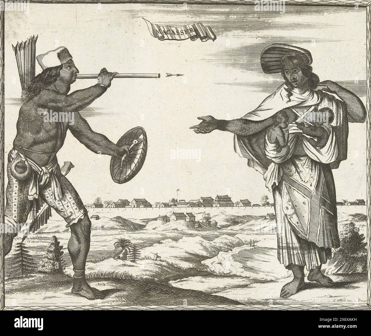 Habitants de Makassar, 1726, Macassers (titre sur objet), les Forces de l'Europe, Asie, Afrique et Amerique (...) comme aussi les cartes des Côtes de France et d'Espagne (titre de la série sur objet), homme et femme de Makassar sur l'île des Célèbes (Sulawesi du Sud), vêtus de costumes locaux, l'homme avec une soufflerie. La ville en arrière-plan. Plaque n° 478 en volume plaques de villes fortes et de forteresses renommées dans le contexte de la guerre de succession d'Espagne 1701-1713. La plupart de ces plaques ont été copiées à partir de plaques françaises anonymes de villes fortes et de forteresses renommées : à les Banque D'Images