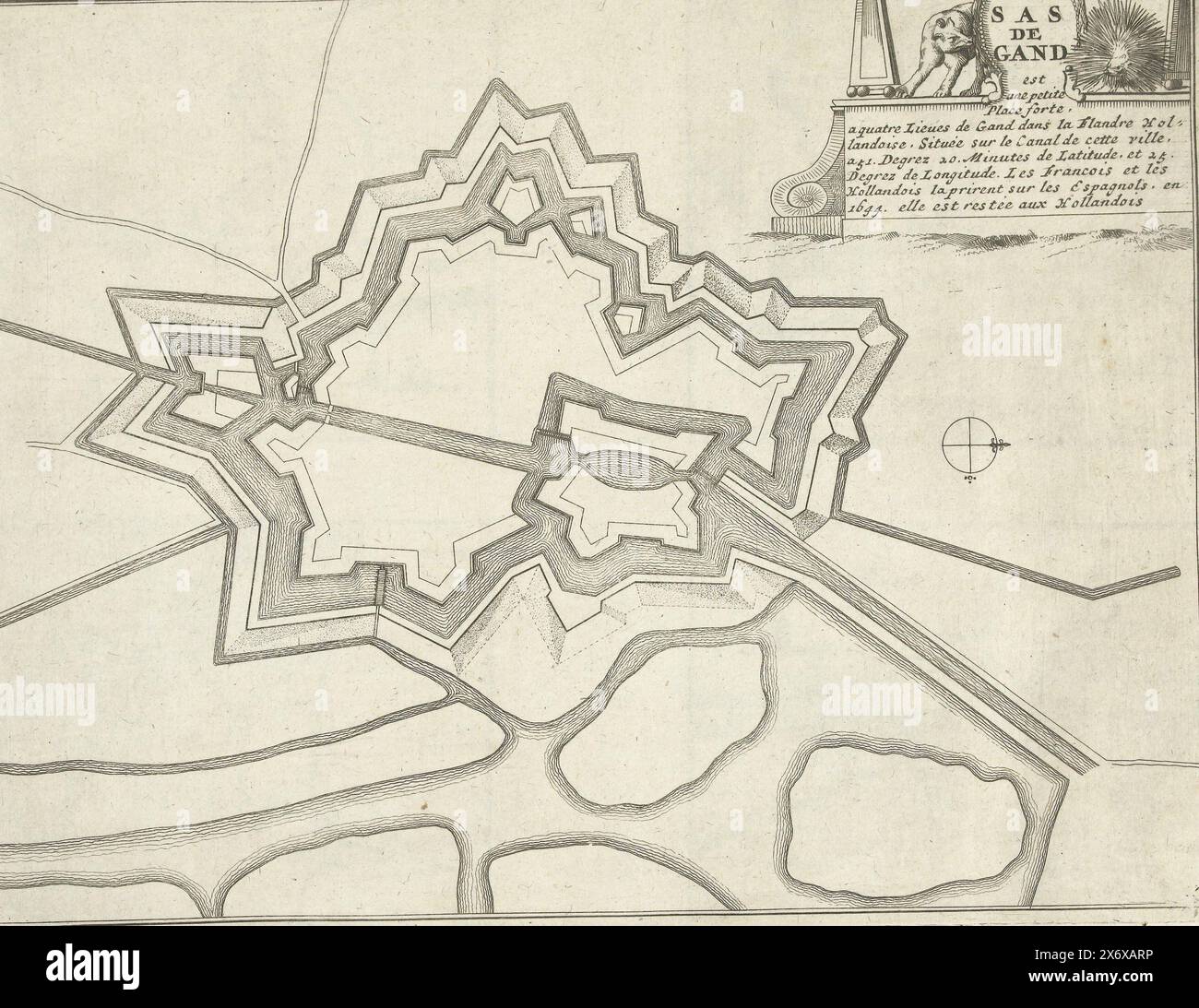 Carte de SAS-van-Gent, 1726, le SAS de Gand est une petite place forte (...) (titre sur objet), les Forces de l'Europe, Asia, Afrique et Amerique (...) comme aussi les cartes des Côtes de France et d'Espagne (titre de la série sur objet), carte des défenses autour de la ville flamande de SAS-van-Gent. Plaque n° 247 en partie des plaques de villes fortes renommées et des forteresses dans le contexte de la guerre de succession d'Espagne 1701-1713. La plupart de ces planches ont été copiées à partir de planches françaises anonymes de villes fortes et de forteresses renommées : dans les forces de l'Europe et dans : le théâtre de la guerre, dans les Banque D'Images