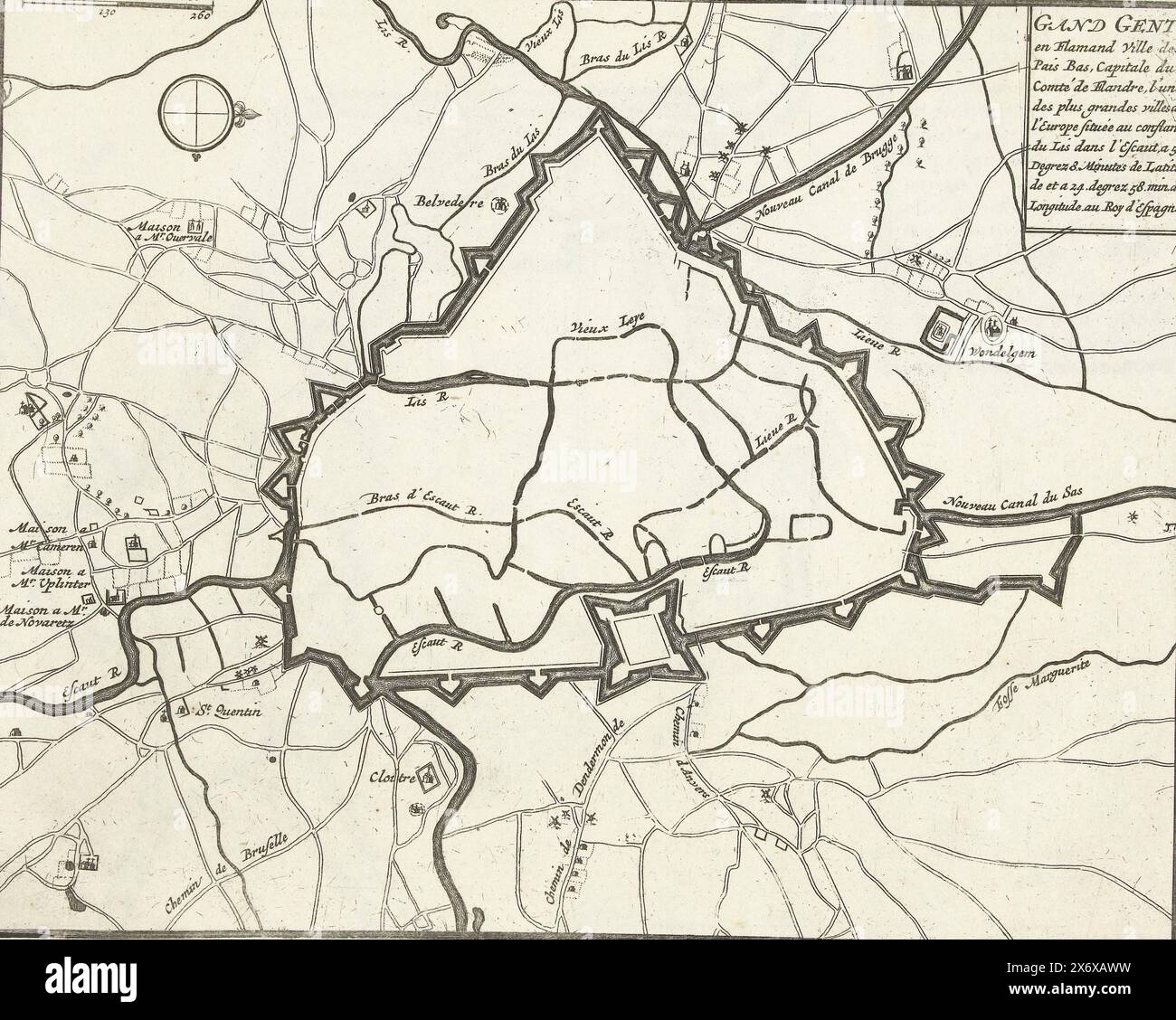 Carte de Gand, CA. 1693-1696, Gand Gent en Flamand ville des Pais Bas, capitale du Comté de Flandre (...) (titre sur objet), le Theater de la guerre, dans les pays-Bas, ou REPRESENTATION des principales villes qui sont en Flandres, Hainaut, Brabant &c. Avec leurs fortifications (...) premier volume (titre de la série sur objet), carte des fortifications autour de la ville flamande de Gand. Partie de la première partie de l'estampe : le Théâtre de la Guerre, dans les pays-Bas, paru en 1696. Cette partie contient 25 planches avec des plans (de Sébastien le Prestre, Seigneur de Vauban) de villes fortes renommées Banque D'Images