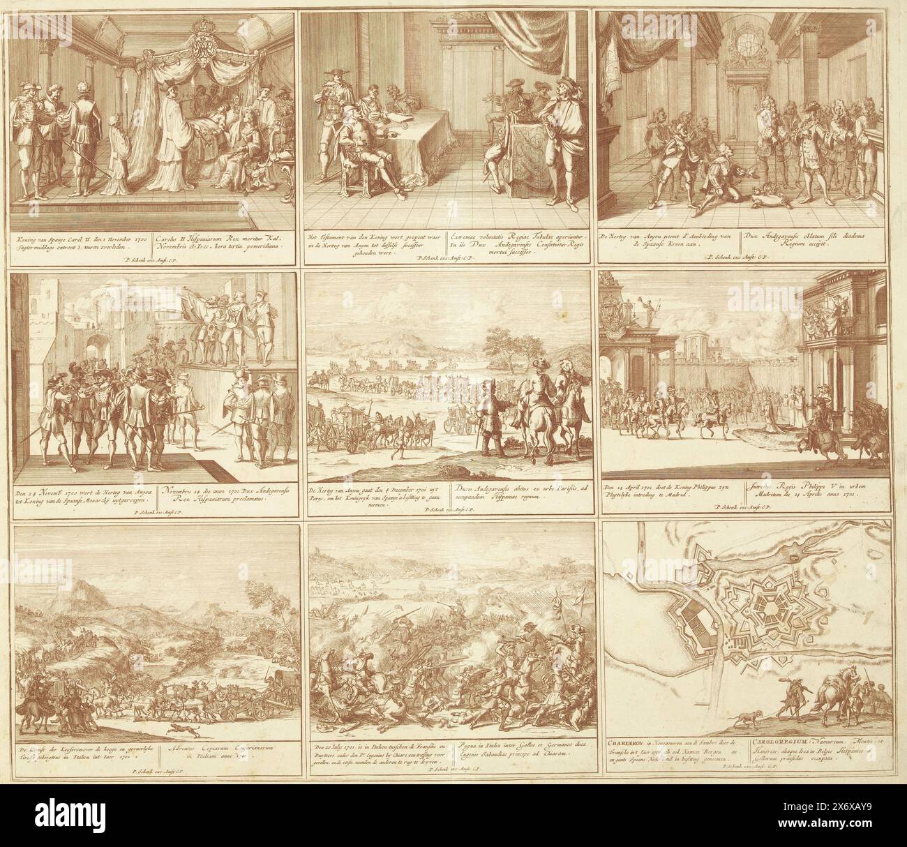 Théâtre de la guerre (page I), 1700-1701, Théâtre de la guerre, début du roi Charles Ier jusqu'au roi Charles IIi existant en IX. figures historiques sur une feuille d'éléphant, comme batailles, sièges sur l'eau et sur la terre, avec les plus importantes forteresses (...) (titre de la série sur objet), feuille avec neuf représentations des événements des années 1700-1701 de la guerre de la succession d'Espagne, feuille I dans : Théâtre de la guerre (édition de 1709), l'estampe avec la série groupée de 18 planches sur la guerre de la succession d'Espagne., estampe, imprimeur : Pieter Schenk (I), éditeur: Pieter Schenk (I), (mentionné le Banque D'Images