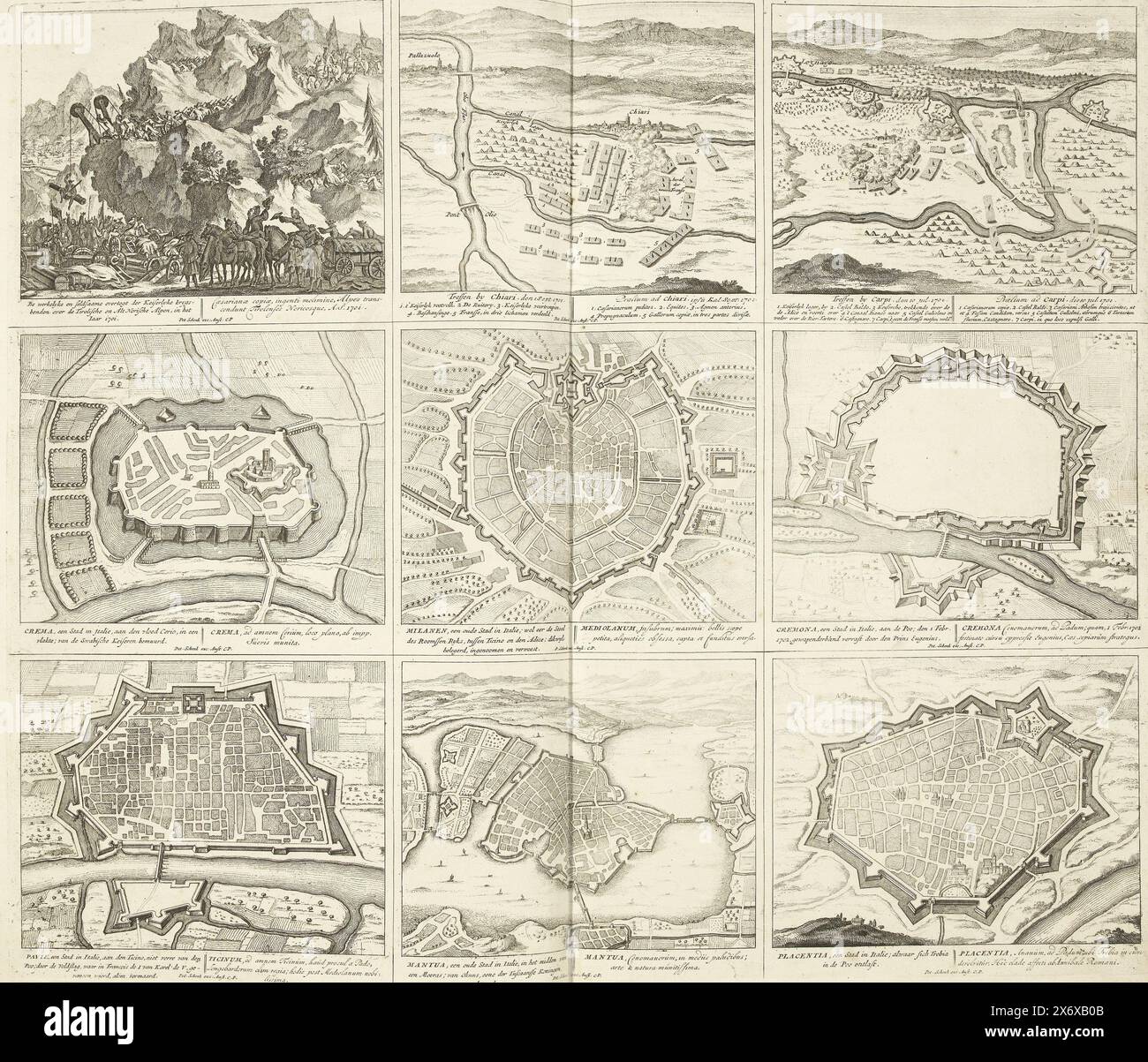 Théâtre de la guerre (page II), 1701-1702, Théâtre de la guerre, début du roi Charles Ier jusqu'au roi Charles IIi existant en IX. figures historiques sur une feuille d'éléphant, comme batailles, sièges sur l'eau et sur la terre, avec les plus importantes forteresses (...) (titre de la série sur objet), feuille avec trois représentations des événements des années 1701-1702 de la guerre de succession d'Espagne et six cartes de villes fortifiées en Italie. Feuille II dans : Théâtre de la guerre (édition de 1720), l'estampe avec la série groupée de 31 planches sur la guerre de la succession d'Espagne., estampe, imprimeur : Pieter Schenk (I Banque D'Images