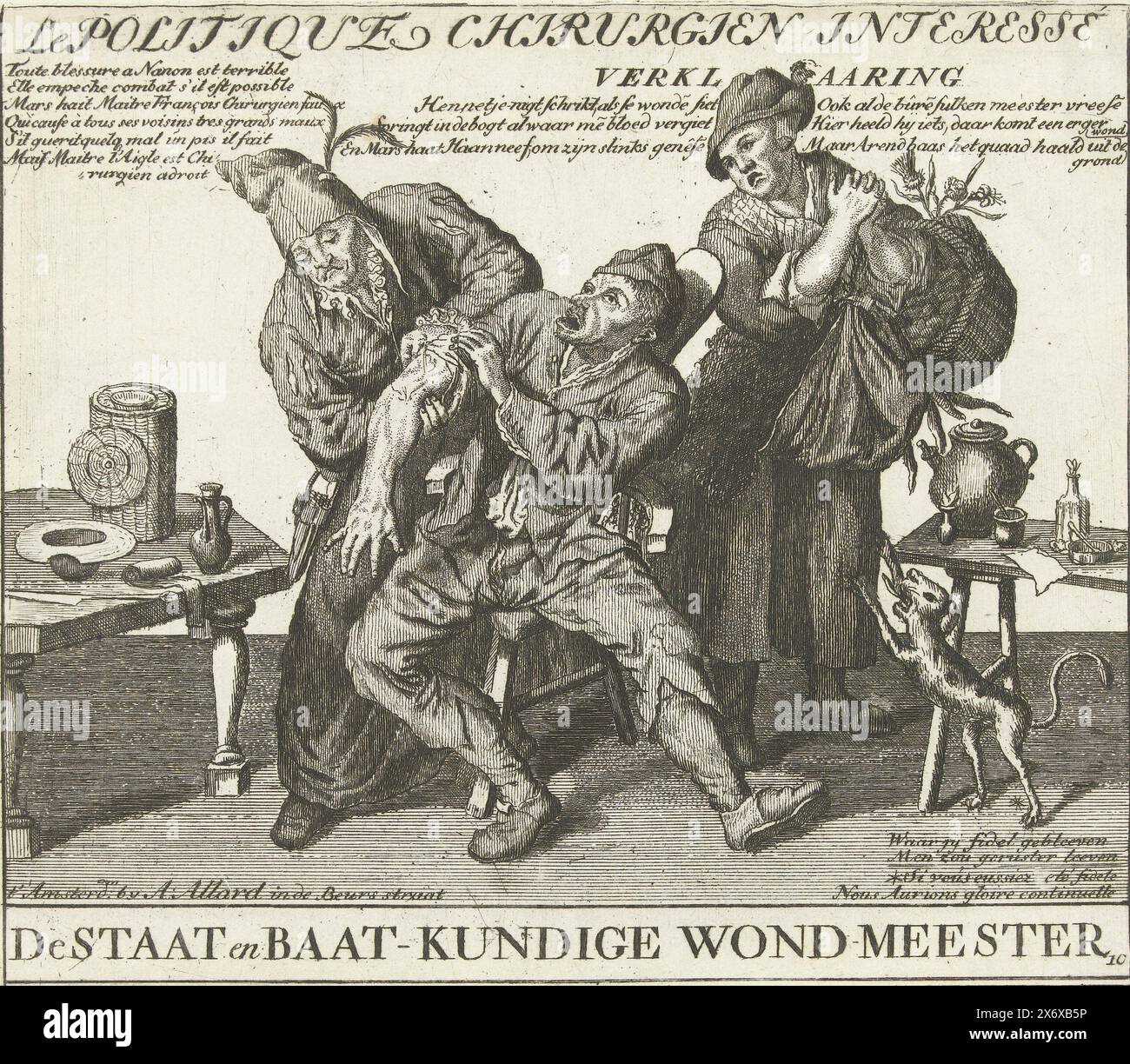 The Political Wound Master, 1713, le politique chirurgical interessé, de Staat en Baat-Kundige Wond-Master (titre sur objet), plates about the Peace of Utrecht of 1713, 't Lusthof van Momus (titre de la série), The Political Wound Master, 1713 Cartoon dans lequel un homme est ensanglanté dans le bras par un chirurgien, une femme regarde avec consternation. Allusion au rôle de la reine Anna dans les négociations de paix pour la paix d'Utrecht, 1713. Numéroté en bas à droite : 10. Dans les versets de la plaque en néerlandais et en français. Partie d'un groupe de 28 planches neuves et anciennes adaptées pour illustrer la paix d'Utrecht en 1713. Partie de l'impression Banque D'Images