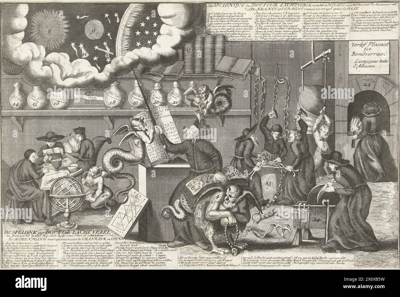 Caricature sur Henry Sacheverell, 1713, la grotte du Docteur Lacheverel dans le cadre de Jesuwyt (...), la Spelonque du Docteur Lacheverel en habit de Jesuite (...) (titre sur objet), plaques sur la paix d'Utrecht de 1713, 't Lusthof van Momus (titre de la série), caricature sur Henry Sacheverell, 1713. Le prédicateur anglais Henry Sacheverell a été condamné en 1710 et libéré en 1713. Ici, en tant que jésuite et alchimiste travaillant avec des diables dans un laboratoire. Inscriptions et versets en néerlandais et en français sur la plaque. Partie d'un groupe de 28 planches neuves et anciennes adaptées pour illustrer la paix d'Utrecht en 1713 Banque D'Images