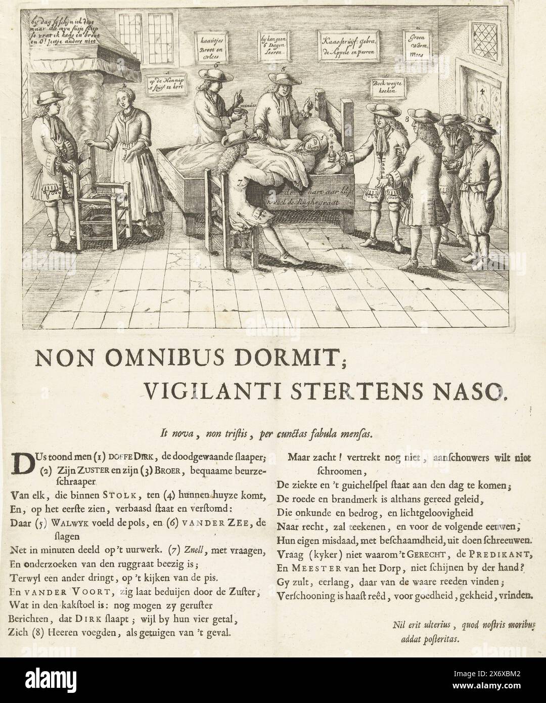 Le fermier dormant de Stolwijk, 1707 ans, le fermier dormant de Stolwijk, ou le soi-disant fermier dormant de Stolk. Dirk Klaasz de Bakker a dormi du 29 juin 1706 au 11 janvier 1707 (27 semaines) et après avoir été réveillé, il s'est endormi de nouveau jusqu'au 15 mars 1707. Le fermier dormait dans son lit, dans la chambre le frère et la sœur du fermier, quelques médecins et visiteurs. Imprimé sur la feuille sous la plaque est un verset en 2 colonnes dans lequel la crédulité des médecins et des visiteurs est moquée., impression, imprimeur : anonyme, pays-Bas du Nord, 1707, papier, gravure, gravure, typographie Banque D'Images