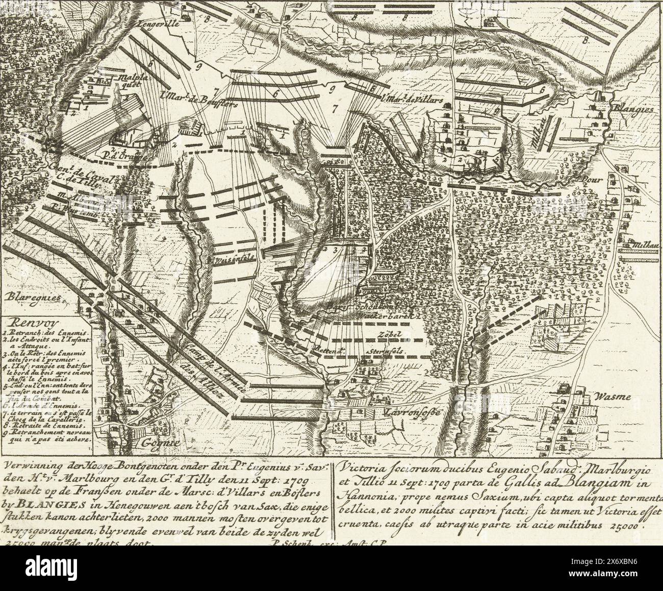 Bataille de Malplaquet, 1709, victoire des hauts Alliés sous le Pr Eugénie v. SAV., den HT. v. Marlbourg et den Gr. d'Tilly den 11 sept : 1709 behaelt sur les Français sous le Marsc : d'Villars (...) par Blangies (...) (titre sur objet), carte de la bataille de Malplaquet entre les Alliés sous le duc de Marlborough et le prince de Savoie et les Français, 11 septembre 1709. Avec légendes en néerlandais et en latin. Fragment d'une grande plaque avec neuf scènes d'événements de l'année 1709 de la guerre de succession d'Espagne., estampe, imprimeur : Pieter Schenk (I), éditeur : Pieter Schenk (I), ( Banque D'Images