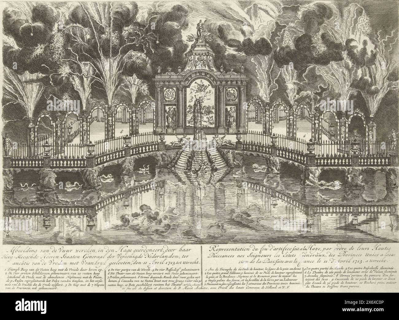 Feux d'artifice lors de la célébration de la paix d'Utrecht, 1713, image des feux d'artifice, ordonné à la Haye, par ses très puissants Seigneurs généraux des pays-Bas-Unis, conclu en célébration de la paix de France, le 11 avril 1713. Utrecht, représentation du feu d'artifice fait a la Haye (...) (titre sur objet), Stellate avec des feux d'artifice commandés par les Etats généraux sur le Hofvijver à la Haye lors de la célébration de la paix d'Utrecht, le 14 juin 1713. Dans la légende les titres et légendes des feux d'artifice en néerlandais et en français., impression, imprimeur : anonyme, après conception par : Daniël Banque D'Images