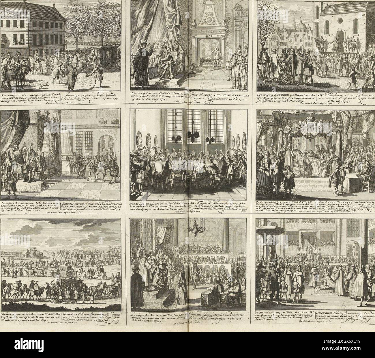 Théâtre de la guerre (page, feuille avec neuf représentations d'événements de l'année 1714 et de la guerre de succession d'Espagne. Inscriptions dans la performance en néerlandais et en latin. Planche 14 dans l'impression avec la série groupée de 33 planches avec des représentations (la plupart divisées en 9 scènes plus petites) des événements des années 1700-1727 de la guerre de succession d'Espagne et les années qui ont suivi, cartes et plans., impression, imprimeur : Pieter Schenk (I), éditeur: Pieter Schenk (I), (mentionné sur l'objet), Staten van Holland en West-Friesland, (mentionné sur l'objet), imprimeur : pays-Bas du Nord Banque D'Images