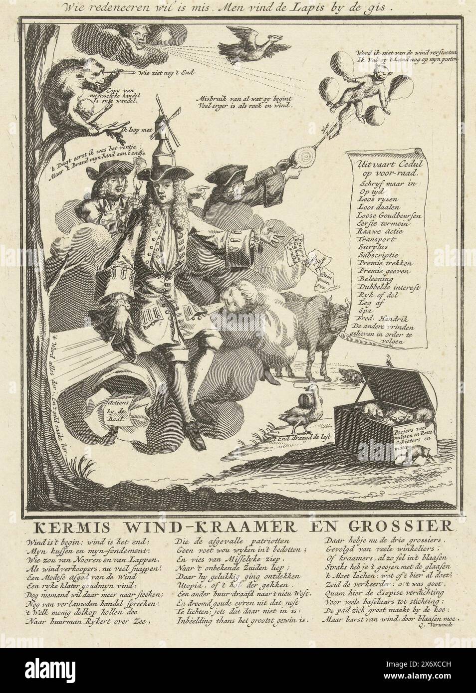 Un négociant en énergie éolienne est assis sur un sac d'actions détenu en hauteur uniquement par The WIND, 1720, Fair Wind-staller et grossiste (titre sur l'objet), Het Groote Tafereel der Dwaasheid (titre de la série), un négociant de vent est assis avec un moulin à vent sur sa tête sur un sac d'actions tenu haut seulement par le vent, 1720. A gauche dans l'arbre un singe avec des jumelles, à droite un chat avec des ballons sur ses pattes vole dans les airs. Dans la légende un verset en néerlandais. Imprimer 4 dans la série Het Groote Tafereel der Foolheid avec des dessins animés sur le Windhandel ou Actiehandel de 1720., print, imprimeur : anonyme, pays-Bas du Nord Banque D'Images