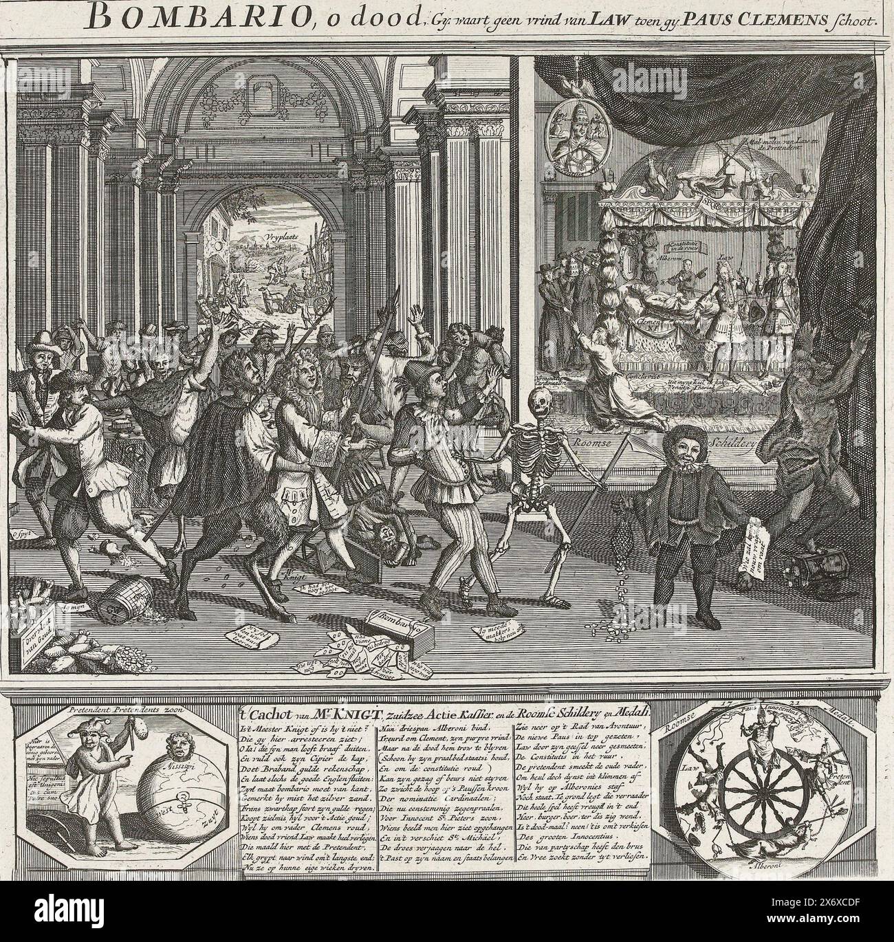 Bombario emmené par la mort, 1721, Bombario, O mort, vous n'étiez pas un ami de la loi quand vous avez tiré sur le pape Clément (titre sur objet), la Grande tablette de folie (titre de la série), dans un palais L'arlequin Bombario est emmené par la mort emmené, d'autres commerçants sont emmenés par les diables. A droite, une peinture romaine avec le lit de mort du pape Clément XI (1721). En bas à gauche un bouffon près d'un globe montrant la Compagnie du Mississippi, à droite la roue de la fortune avec le nouveau pape Innocent XIII, John Law, le cardinal Alberoni et le prétendant. Dans la légende un verset en trois colonnes. Imprimez 17 dans le Banque D'Images