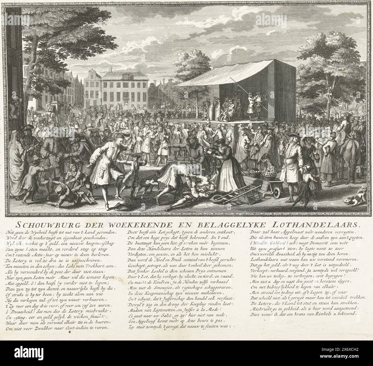 Loterie sur une scène, vers 1720, Théâtre des marchands de loterie rampants et méprisables (titre sur l'objet), Het Groote Tafereel der Foolishness (pièces supplémentaires) (titre de la série), Une loterie sur une scène sur une place de la ville avec les billets tirés des bus par deux garçons. Des combats éclatent parmi le public au premier plan. Dans la légende un verset en trois colonnes se référant à l'année d'action 1720. Appartient au groupe des tirages supplémentaires ajoutés à la série Tafereel der Dwaasheid avec des dessins animés sur le Windhandel ou Actiehandel de 1720., imprimerie, imprimeur : Bernard Picart, (éventuellement), pays-Bas du Nord Banque D'Images