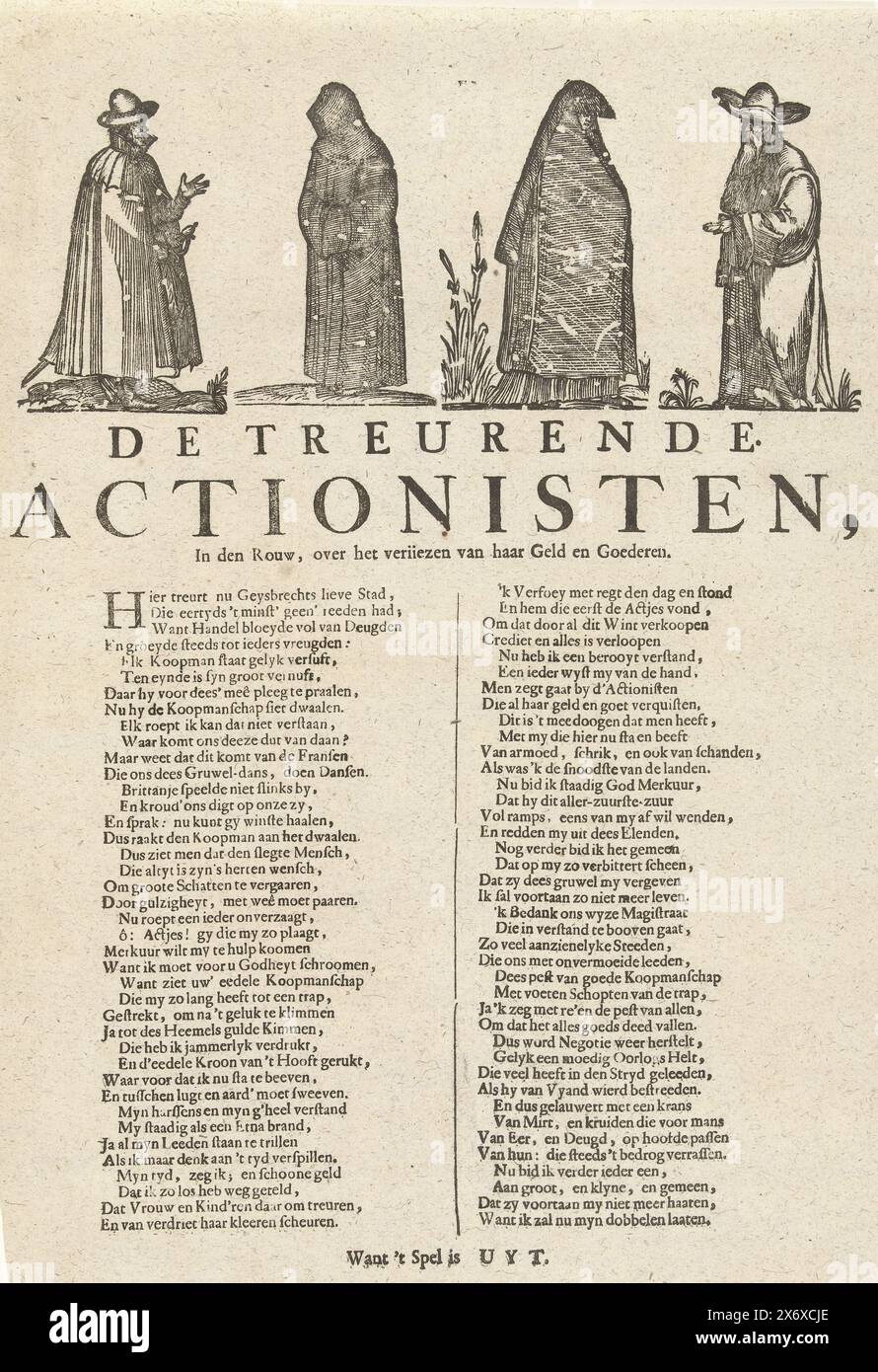 The Griding actionists, 1720, The Griding actionists, in den Rouw, about the loss of Her Money and Goods (titre sur l'objet), The Great Scene of Foolishness (pièces supplémentaires) (titre de la série), The Griding actionists. Feuille avec un faux vers sur les activistes qui ont perdu leur argent et leurs biens en spéculant dans le commerce du vent. Au sommet des quatre figures censées en vêtements de deuil. Appartient au groupe des tirages supplémentaires ajoutés à la série Tafereel der Foolishness avec des dessins animés sur le Windhandel ou Actiehandel de 1720., impression, imprimeur : anonyme, éditeur : anonyme, pays-Bas du Nord Banque D'Images