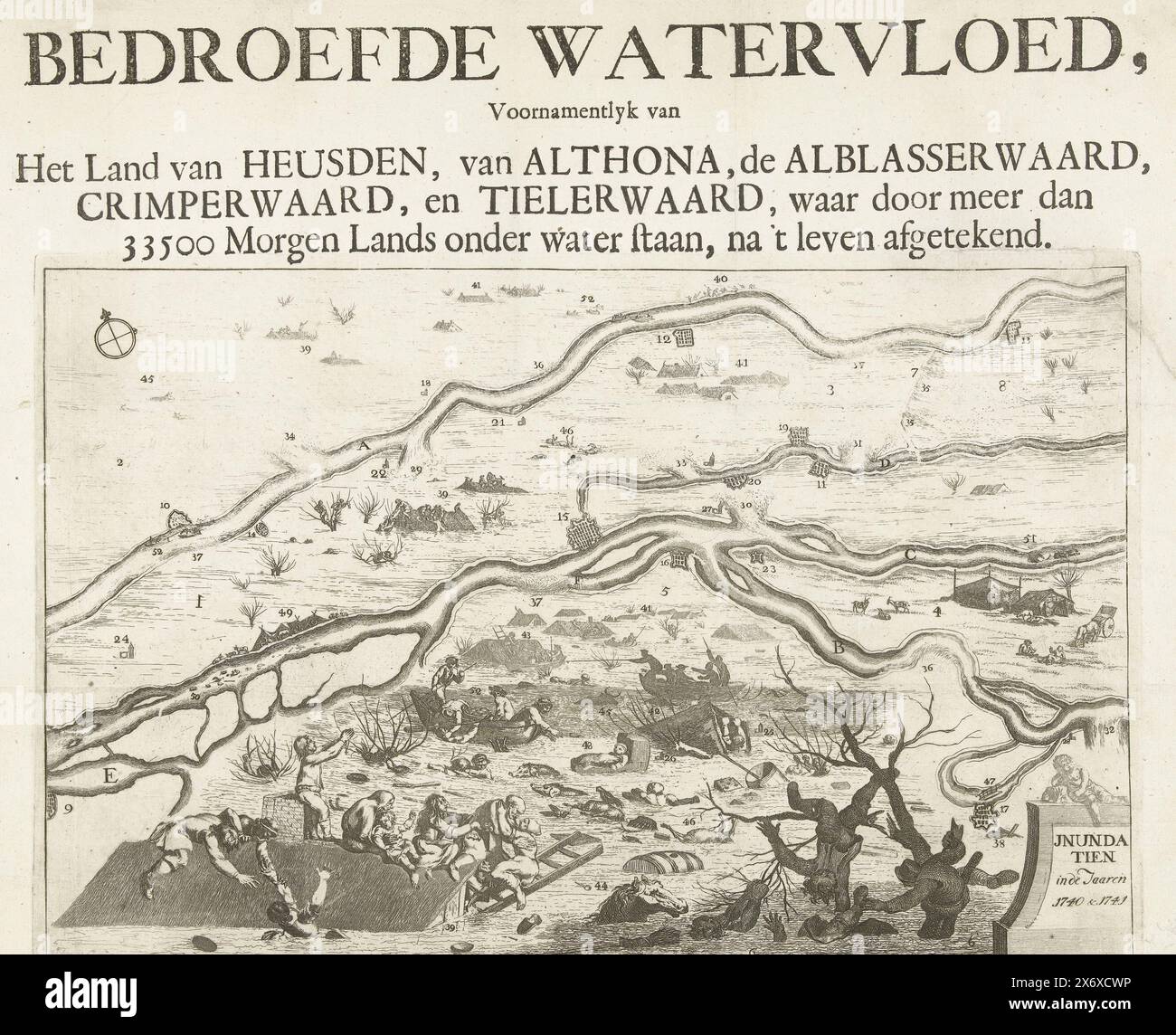 Brèche de digue à Elden, 1740, inondation de l'eau de Sorrowful, principalement du pays de Heusden, d'Althona, de l'Alblasserwaard, de Crimperwaard et de Tielerwaard, par lequel plus de 33 500 terres Morgen sont inondées, dessinées après la vie (titre sur objet), Jnudatien dans les années 1740 et 1741 (titre sur objet), carte de la zone affectée par l'inondation après la brèche de la digue près du village d'Elden, 1740 et 1741. Au premier plan, les gens cherchent le salut dans les arbres et sur le toit d'une ferme, plus en arrière, les gens sont tirés hors de l'eau dans des bateaux., imprimerie, imprimeur : Jan l'Admiral, (mentionné sur l'objet Banque D'Images