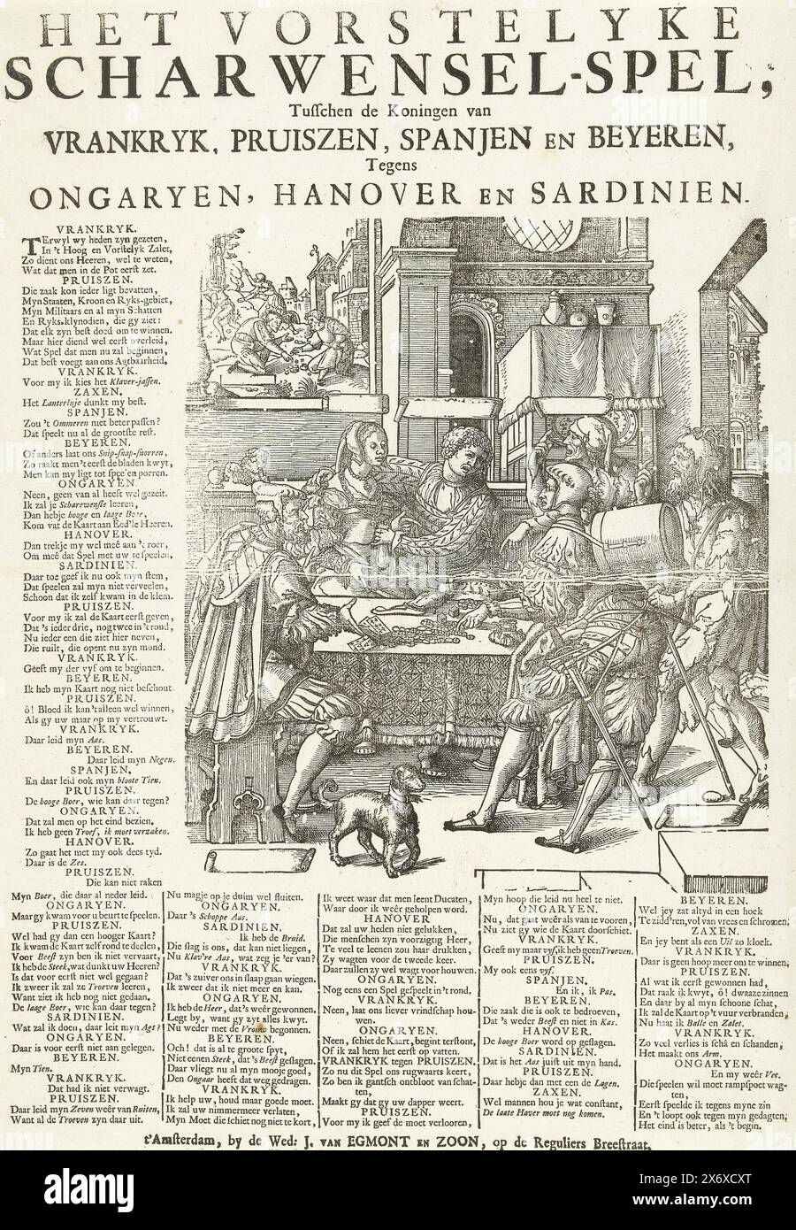 Caricature sur les Français et les Alliés, 1742, le jeu Vorstelyke Scharwensel, entre les rois de France, Prusse, Espagne et Beyeren, Tegens Ongaryen, Hanovre et Sardaigne (titre sur objet), caricature sur les revers des Français et des Alliés dans la guerre de succession d'Autriche, 1742. Une ancienne gravure sur bois a été utilisée pour la performance avec le dernier épisode de l'histoire de Sorgheloos : Weelde, Sorgheloos et Ghemack sont assis autour d'une table sur laquelle reposent des pièces de monnaie, des cartes et des dés. Pauvres, pauvreté et Fortune lumière se tiennent à côté de la table et pointent. Sur la feuille à côté et en dessous de la performance, une discussion Banque D'Images