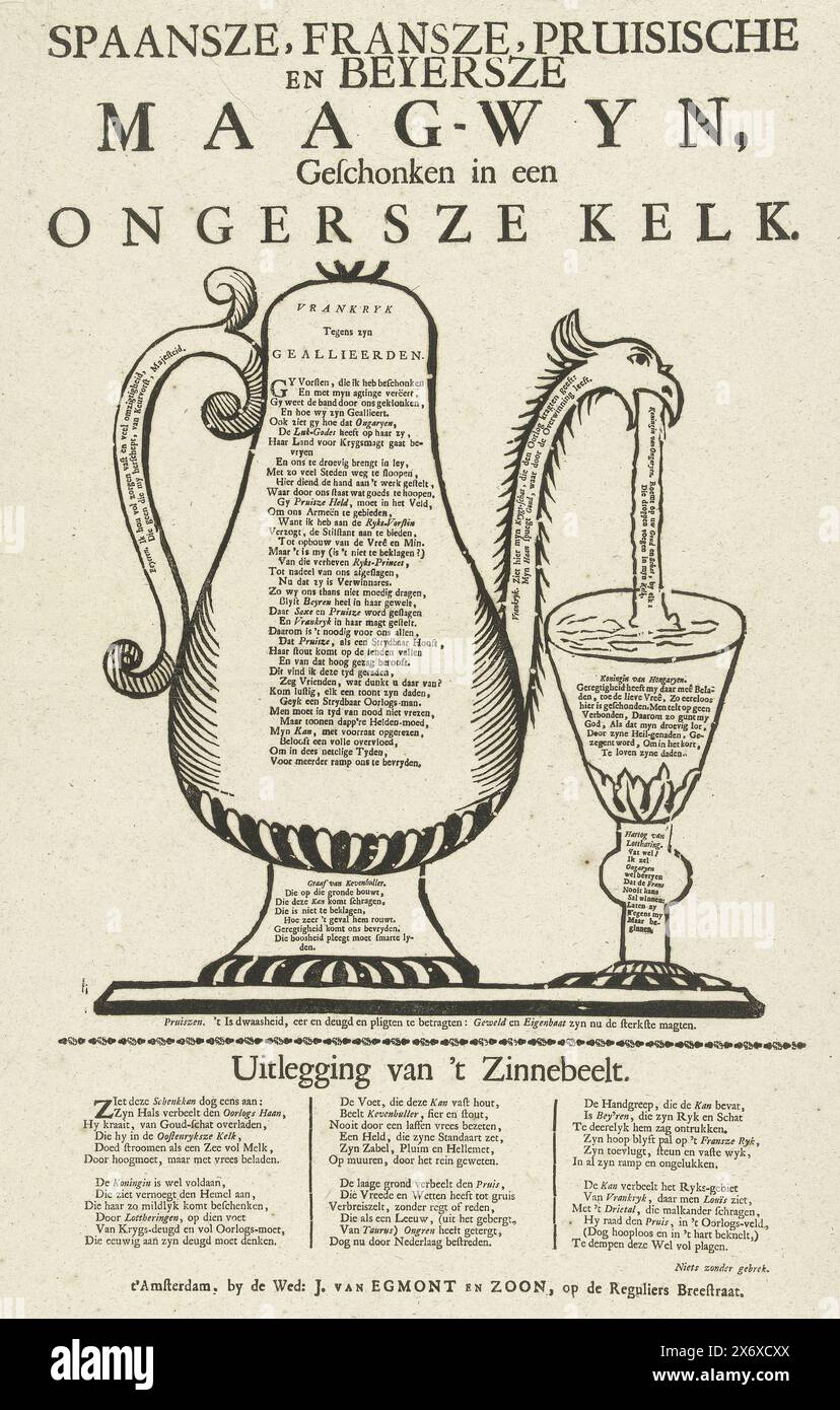 Jug comme allégorie sur les succès autrichiens dans la guerre, 1742, Spaanze, Fransze, Prusse et Beyersze Maag-wyn, ont fait don dans un calice Ongersze (titre sur objet), Une cruche comme allégorie sur les succès autrichiens dans la guerre, 1742. A partir d'un pichet (France et ses alliés Espagne, Prusse et Bavière), le vin (or) est versé dans un verre (Maria Theresa, Reine de Hongrie). Textes en typographie sur toutes les parties. Sur la feuille en dessous de la scène une explication du symbole en 3 colonnes., imprimeur, imprimeur : anonyme, éditeur : weduwe Jacobus van Egmont en Zoon, (mentionné sur l'objet), imprimeur : Northern Banque D'Images